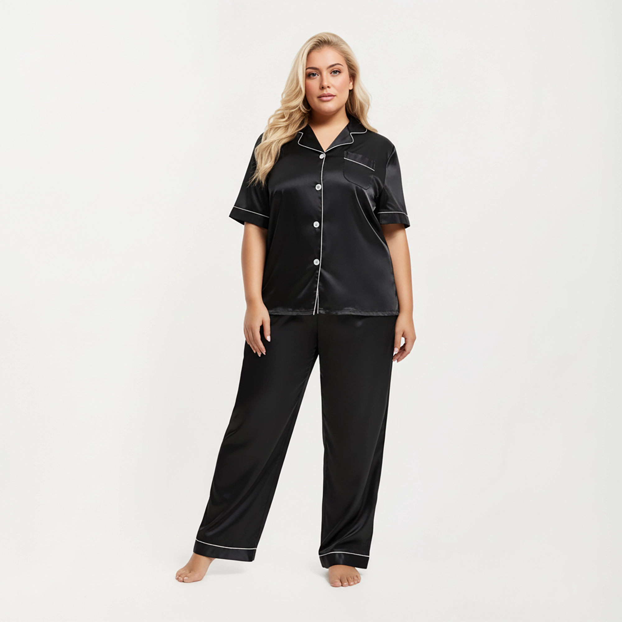 Anna-Kaci Women's Plus Satin Pajama Set with Short Sleeve Button Front Top and Relaxed Straight Leg Pants
