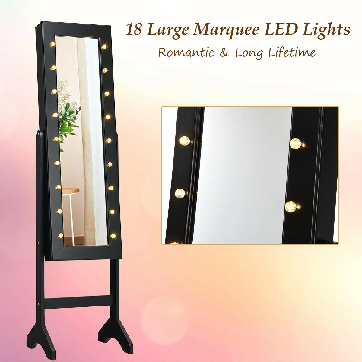 SUGIFT Free Standing Mirrored Jewelry Cabinet Armoire Organizer with LED Lights 57-in Tall Black