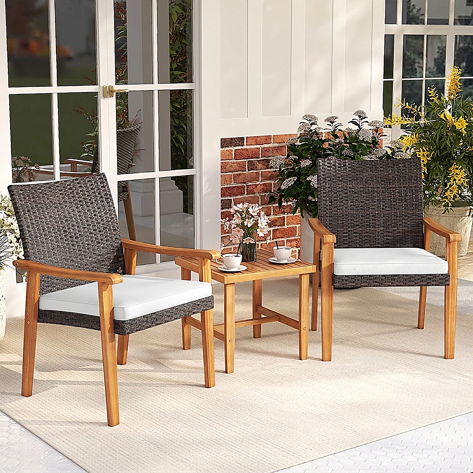 SUGIFT Patio Conversation Bistro Set PE Wicker & Acacia Wood 400-lb Chairs 180-lb Table Off White Cushions Mix Brown