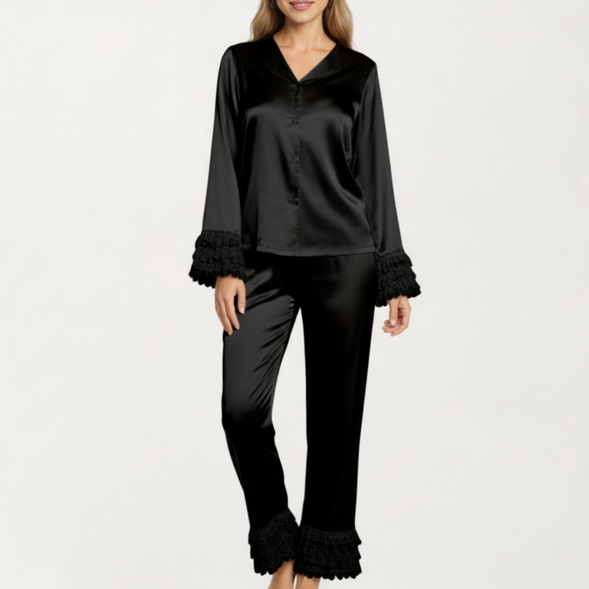 Anna-Kaci Women's Long Sleeve Pajama Set with Soft Button Front Top and Ruffled Cuff Trim Straight Leg Pants