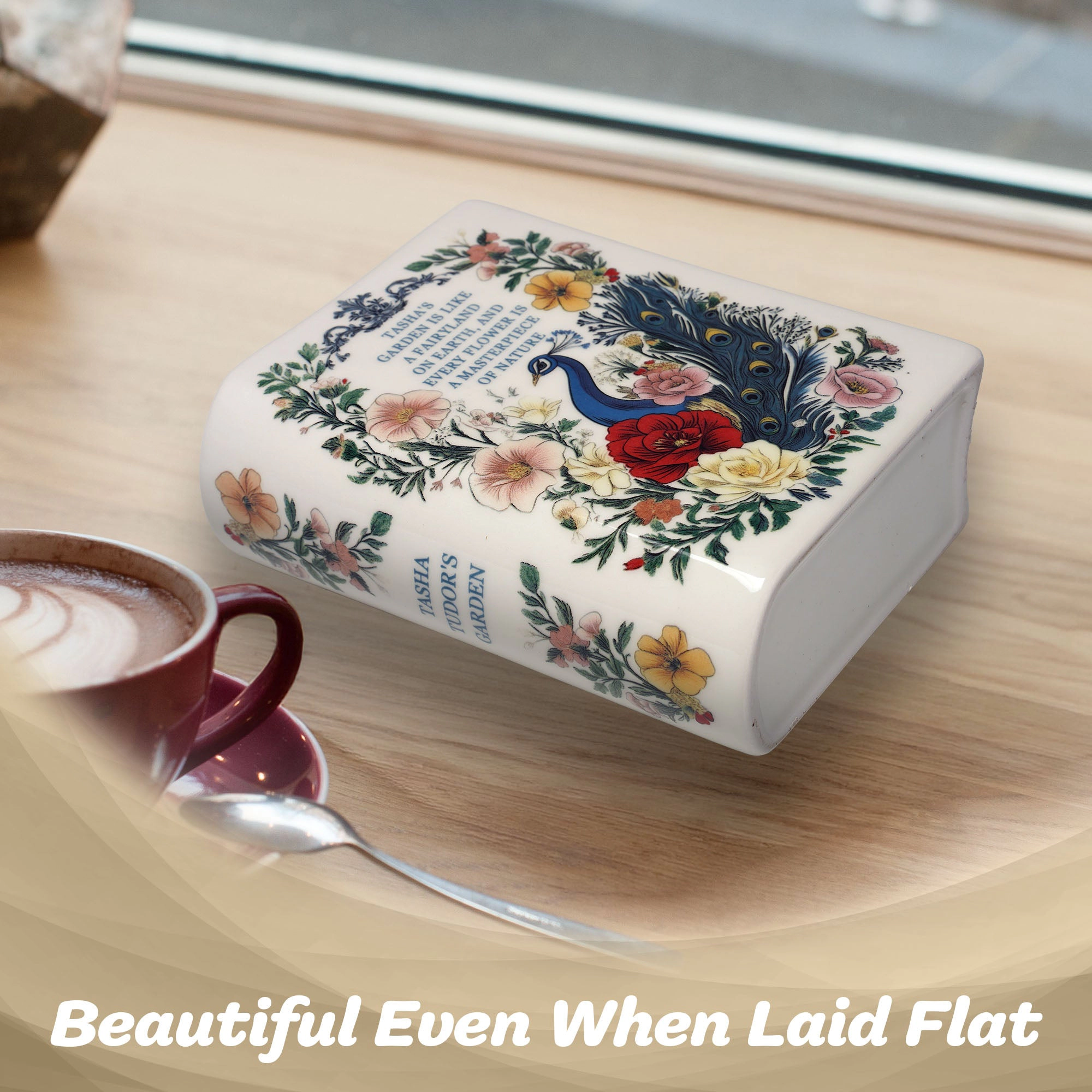 G128 Book-Shaped Ceramic Vase Peacock Pattern - Compact Decorative Flower Vase for Table Desk Office