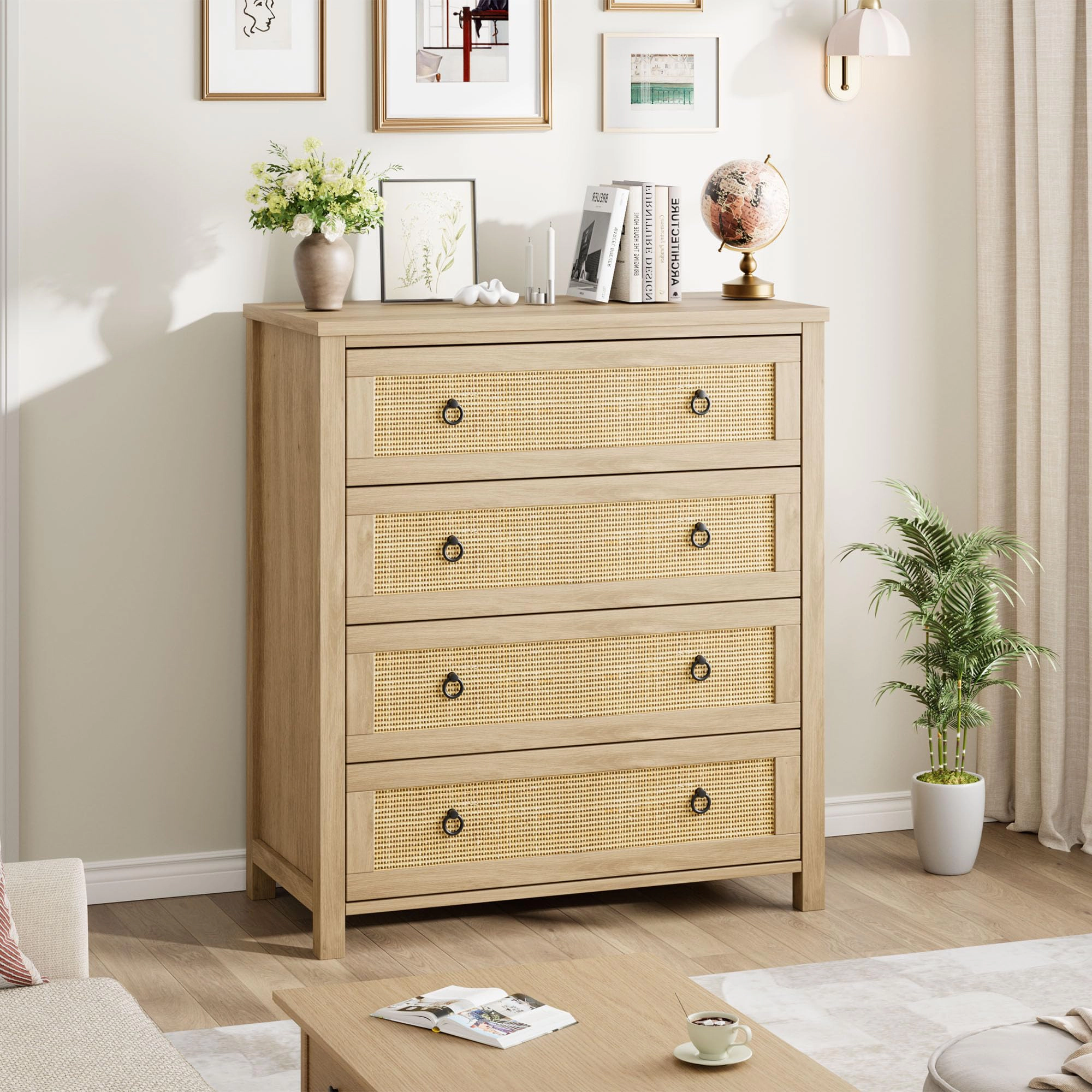 Rattan 4 Drawer Dresser, 37" Tall Wooden Storage Chest for Bedroom Living Room Hallway