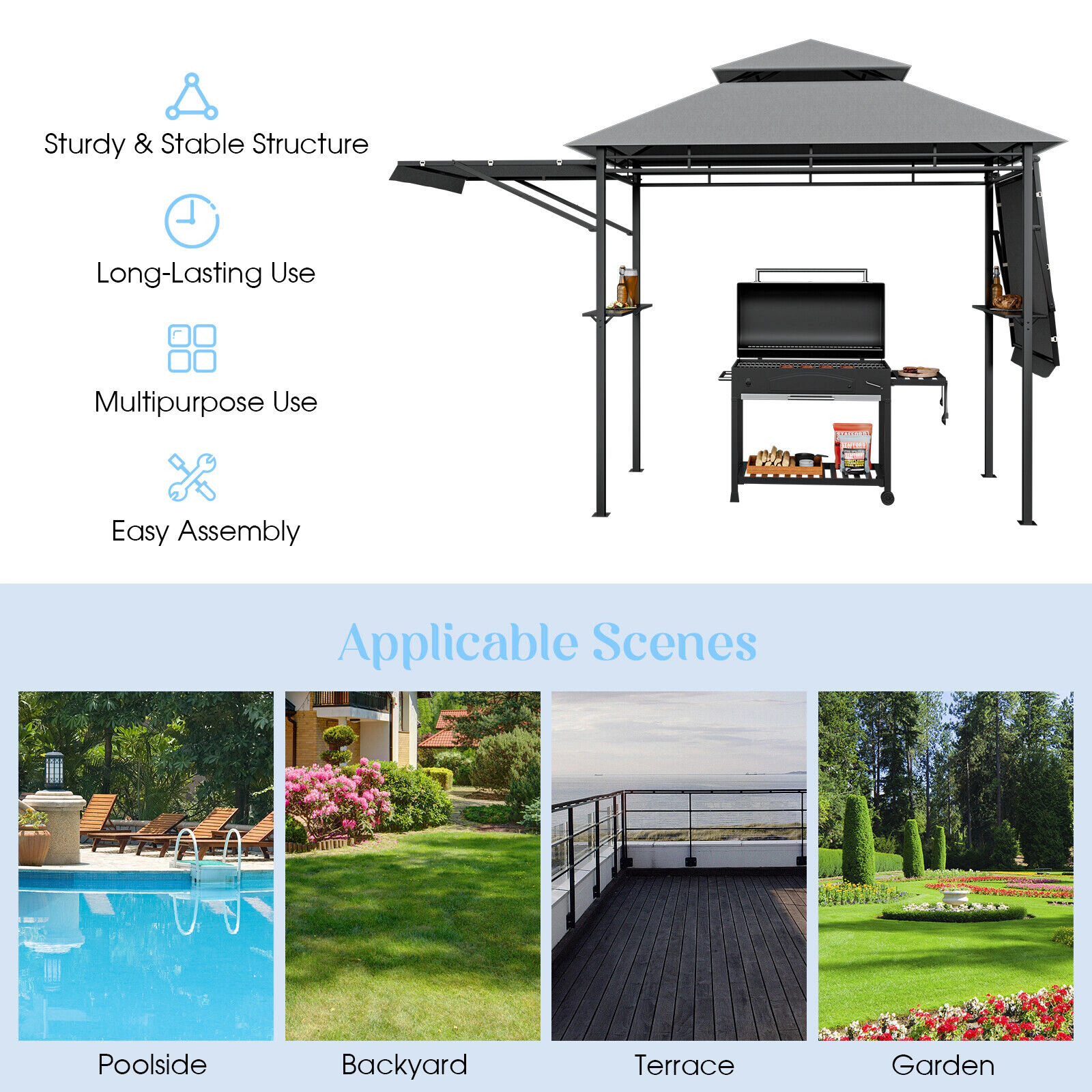 SUGIFT Patio BBQ Grill Gazebo Canopy with 2-Tier Roof and Dual Adjustable Side Awnings Beige/Gray