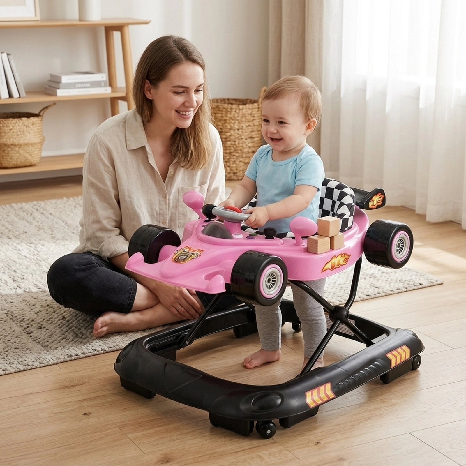 Convertible Baby Walker and Activity Center with 3 Height Settings Racing Car Music Plate and Damping Wheels Pink