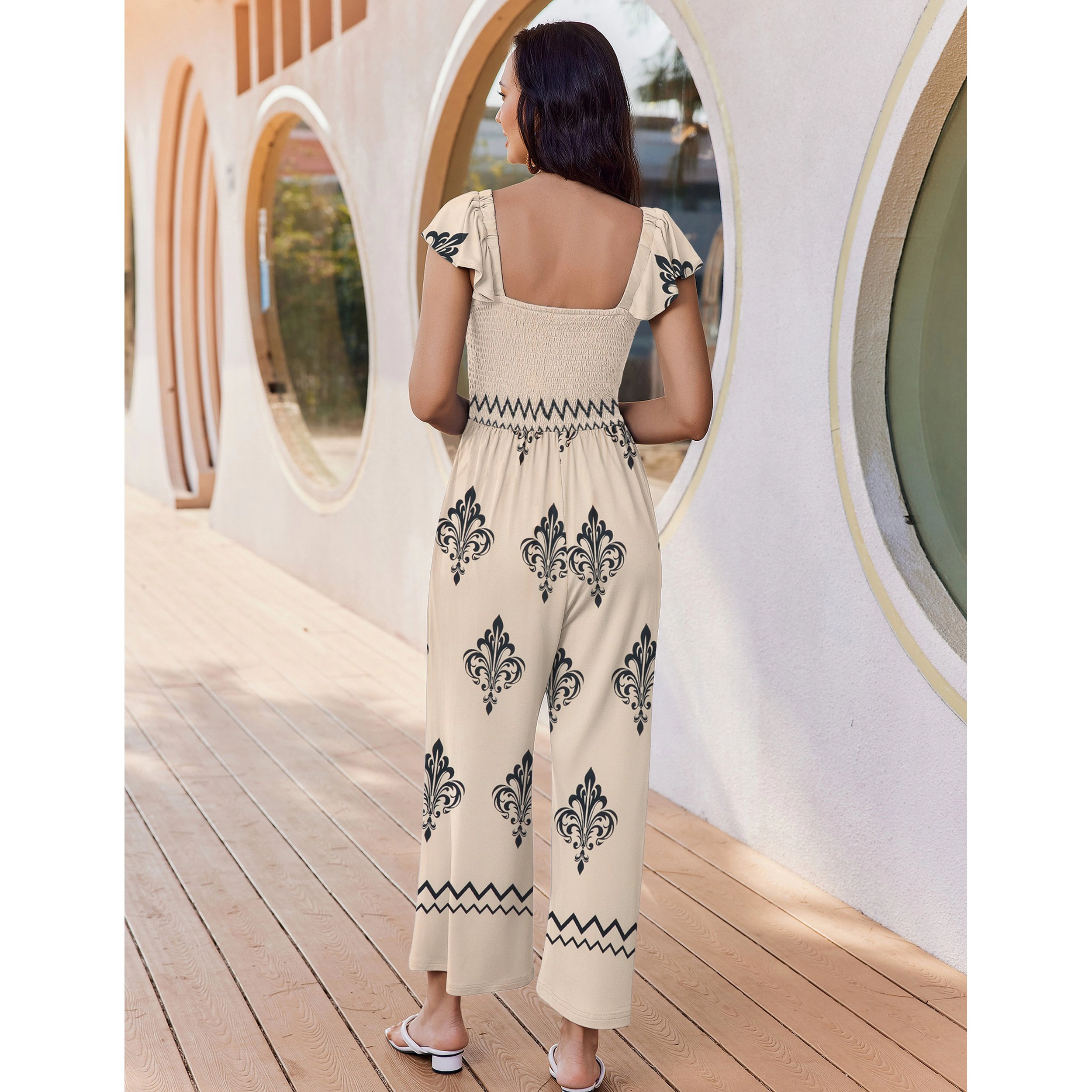 Ekouaer Women's Floral Square Neck Ruffle Sleeve Wide Leg Jumpsuit