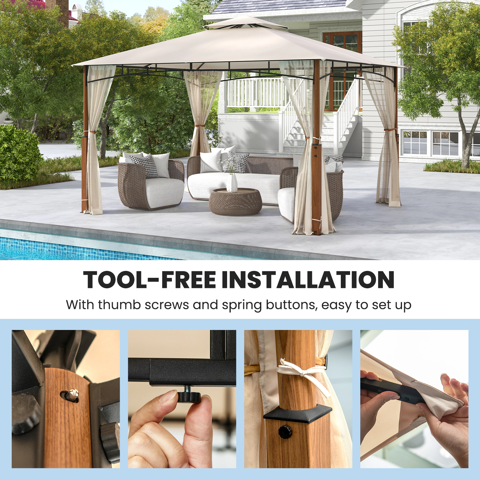 Hivvago Outdoor Patio Gazebo with Netting and 2-Tier Canopy