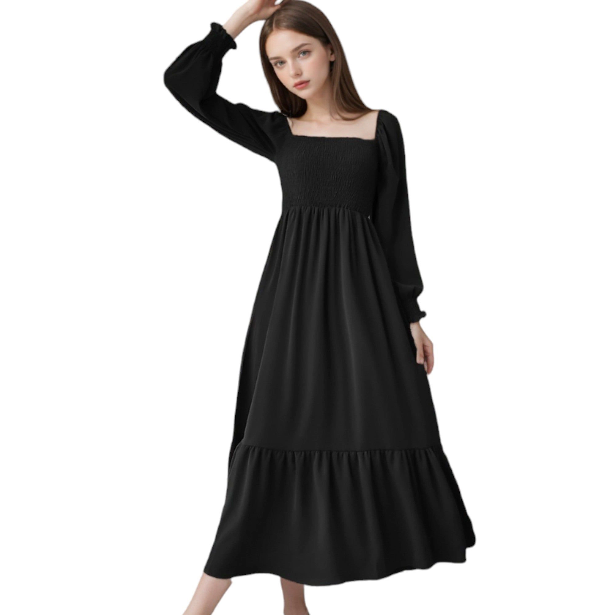 Anna-Kaci Women's Square Neck Shirred Ruffle Hem Maxi Dress