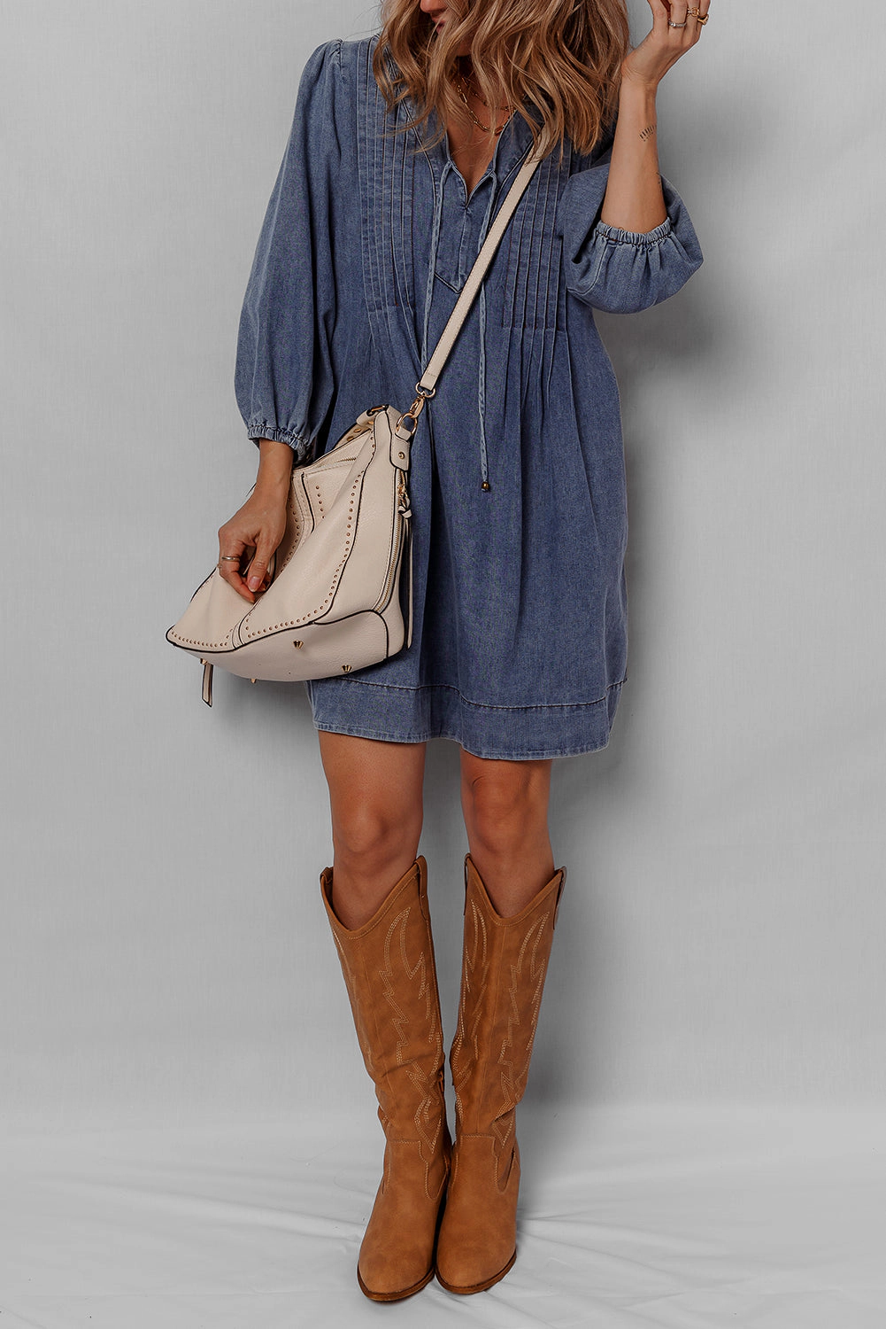Threaded Pear Women's Autumn Tied Pleated Mini Dress