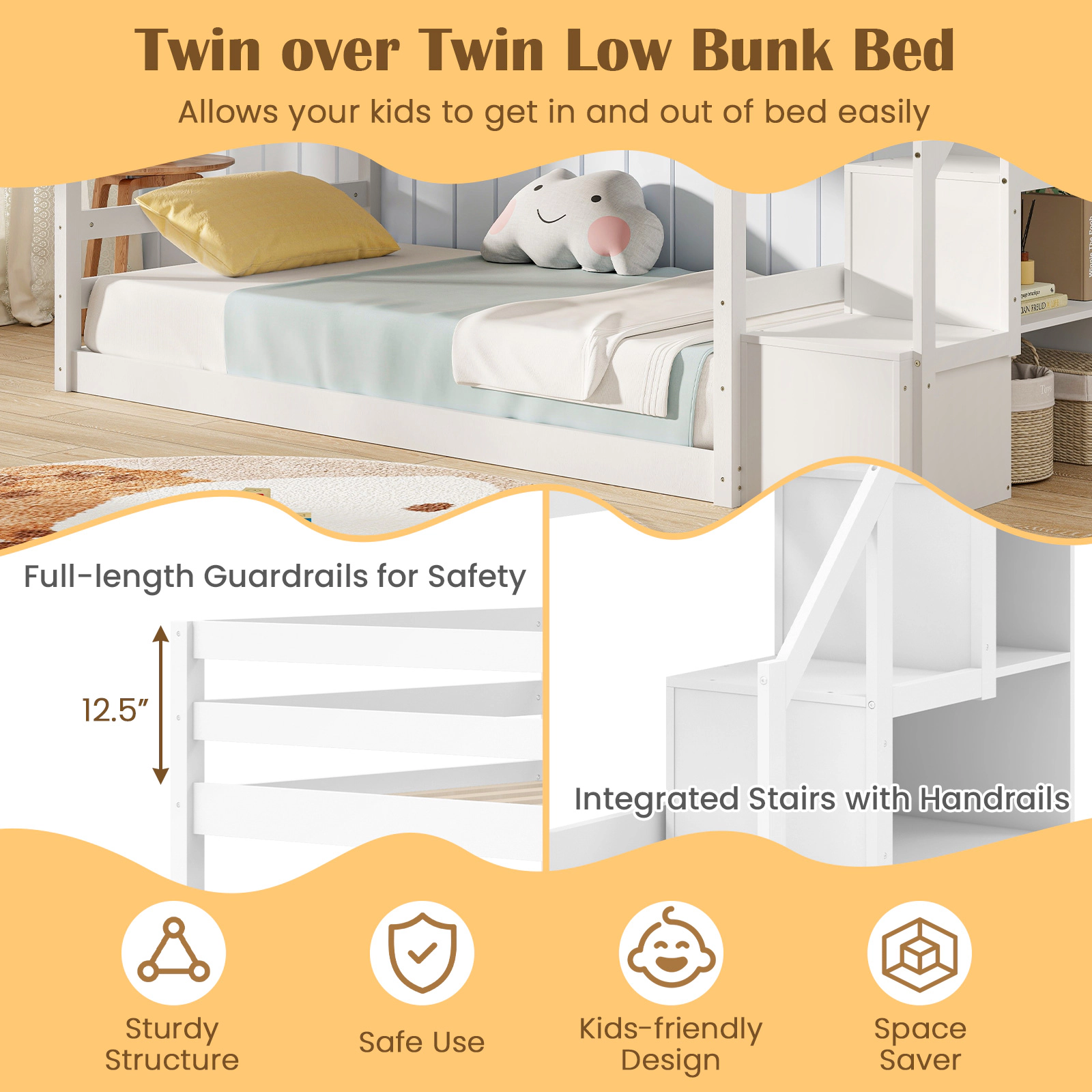 SUGIFT White Storage Stairs and 3 Compartments Twin Over Twin Kids Low Bunk Bed