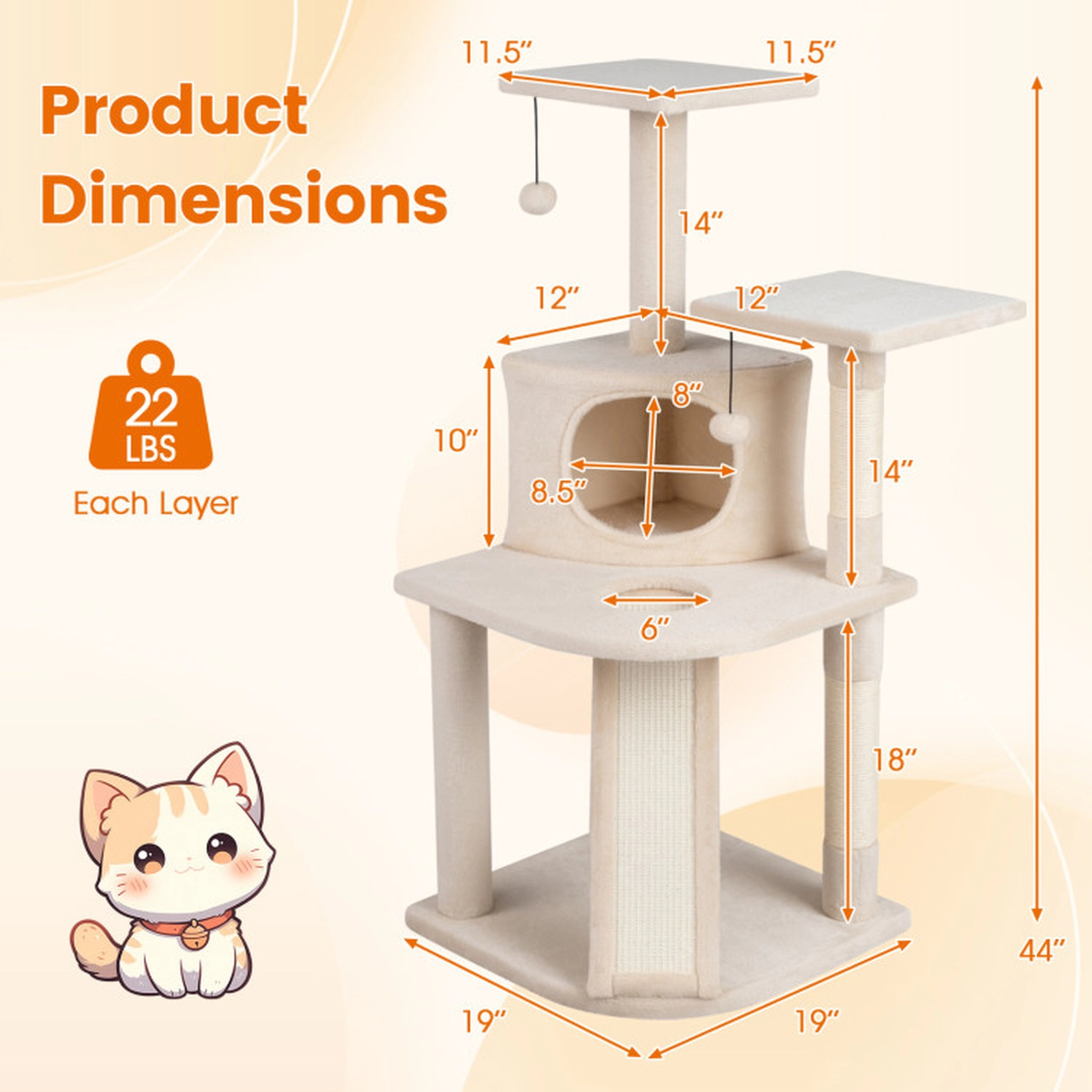 SUGIFT Multi-Level Cat Tree Tower with Condo Ramp and 2 Plush Perches 44-in Tall 22-lb Capacity Beige