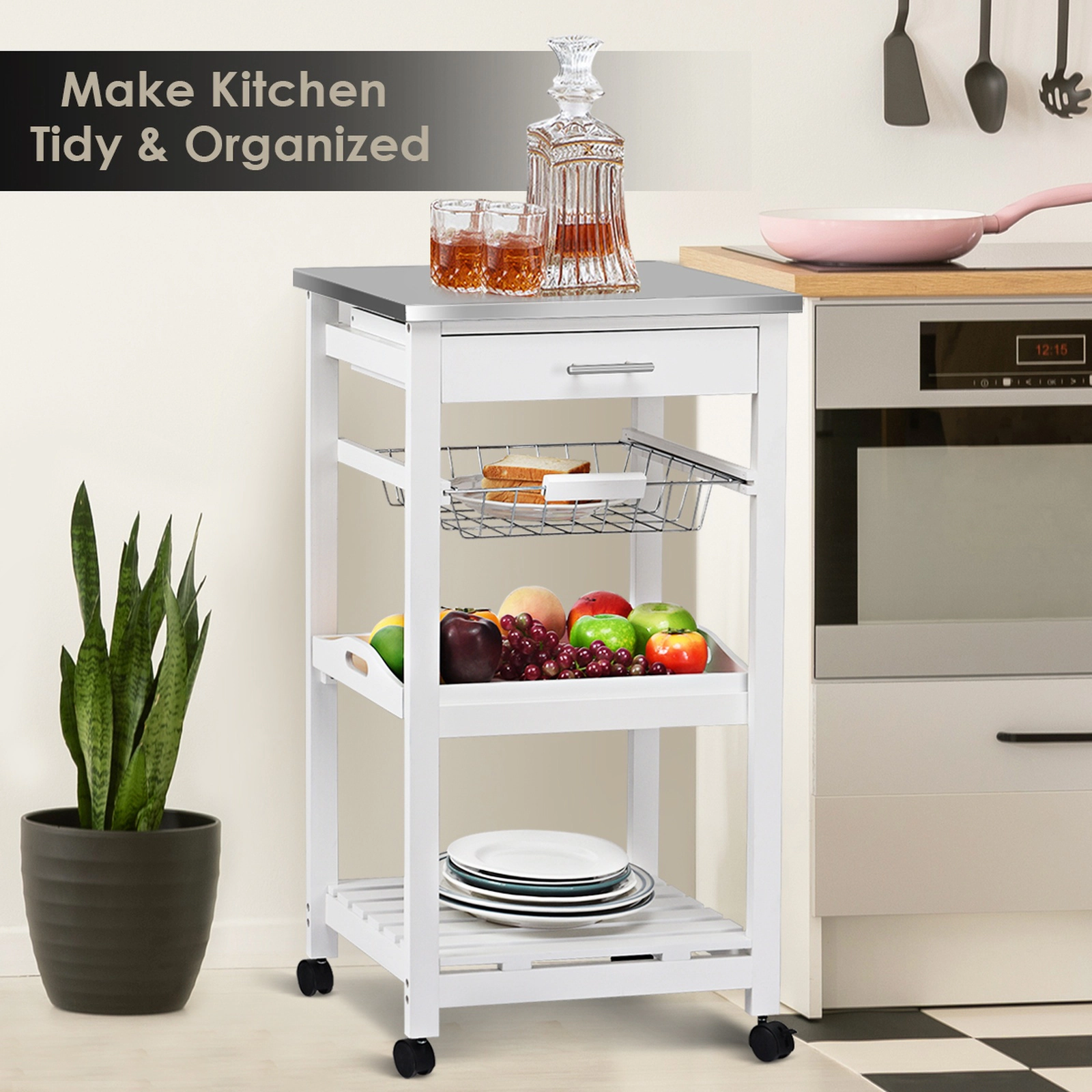 SUGIFT White Kitchen Cart on Wheels with Stainless Steel Top Rolling Serving Trolley Drawer and Basket
