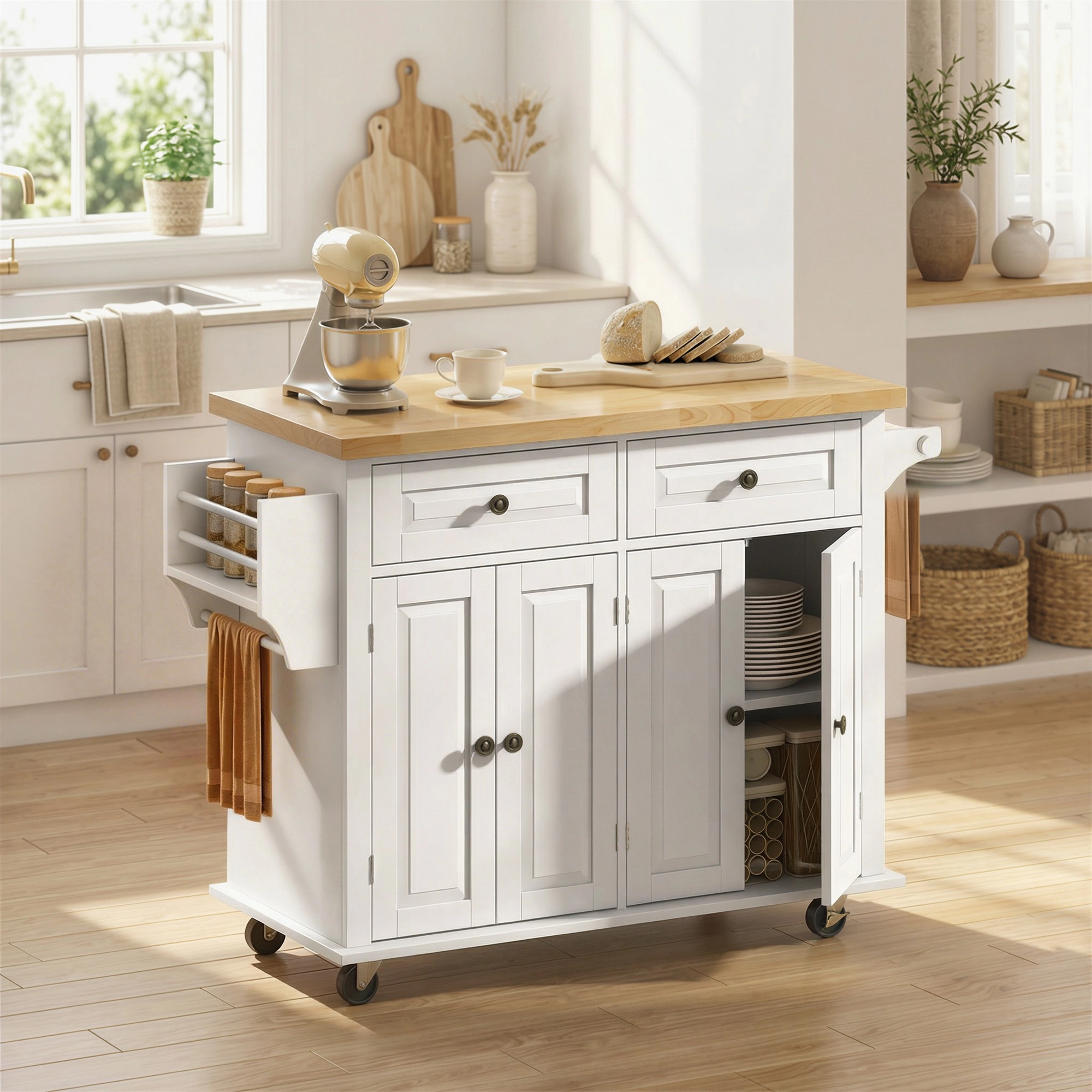 HONGGE 44" Mobile Kitchen Island Table Kitchen Island Cart on Wheels with Storage Cabinets 2 Drawers