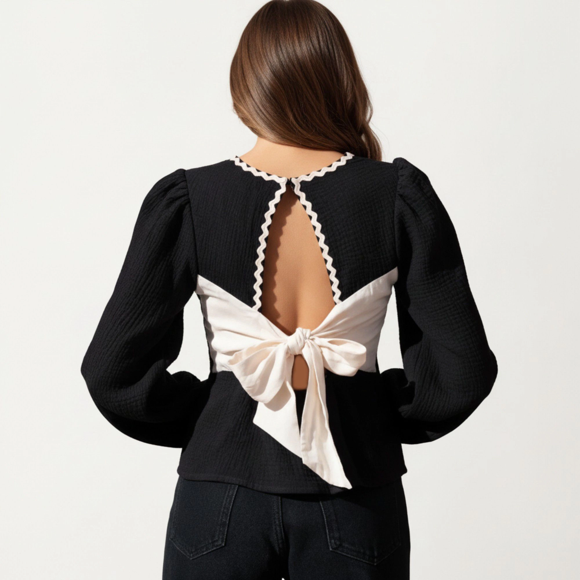 Anna-Kaci Women's Long Sleeve Textured Peplum Top with Contrast Trim Accents Statement Bow Detail