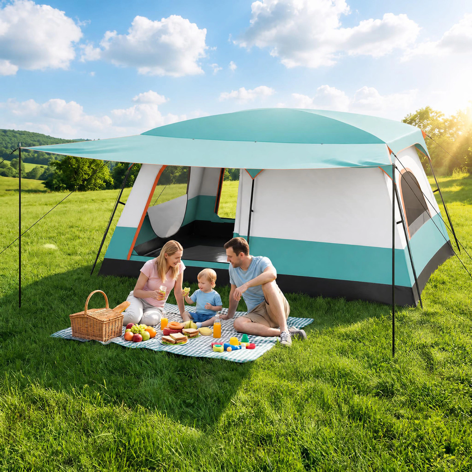 LJG 8- Person Camping Tent with Double Rooms and 2 Doors