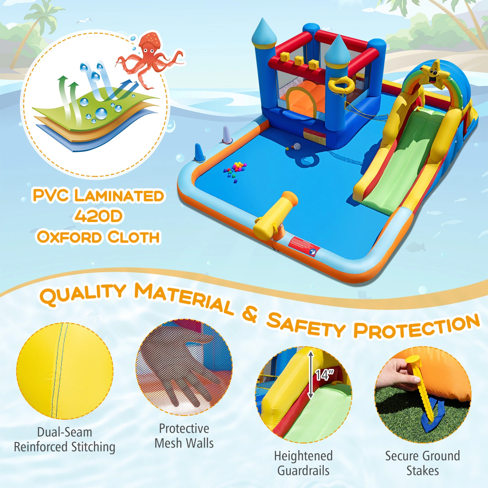 SUGIFT Inflatable Water Slide Park Bouncy Castle with Climbing Wall with Blower 200-lb Capacity Ages 3-12 Colorful