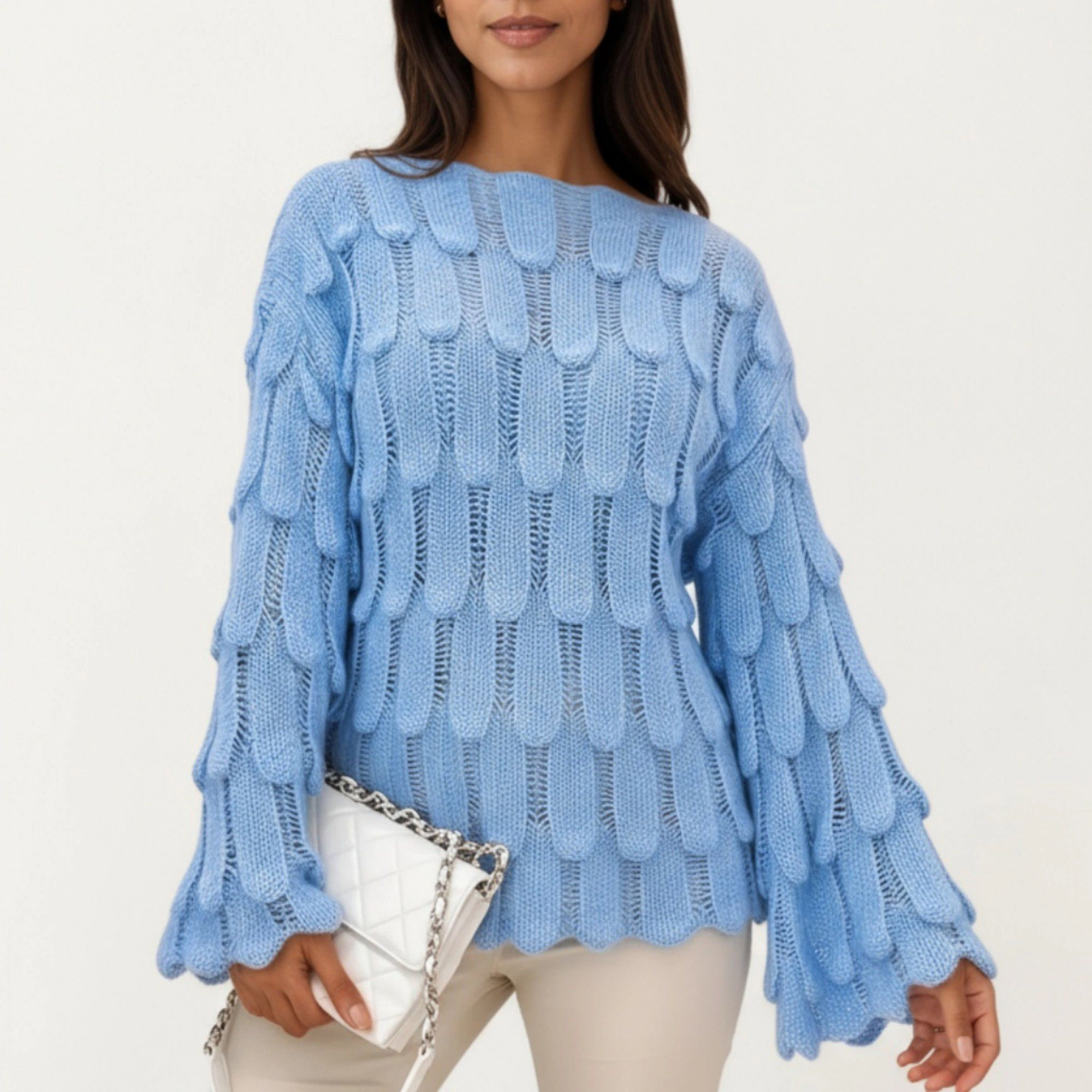 Anna-Kaci Women's Textured Loop Knit Sweater Top with Soft Open-Stitch Pattern Long Flared Sleeves Cozy Statement