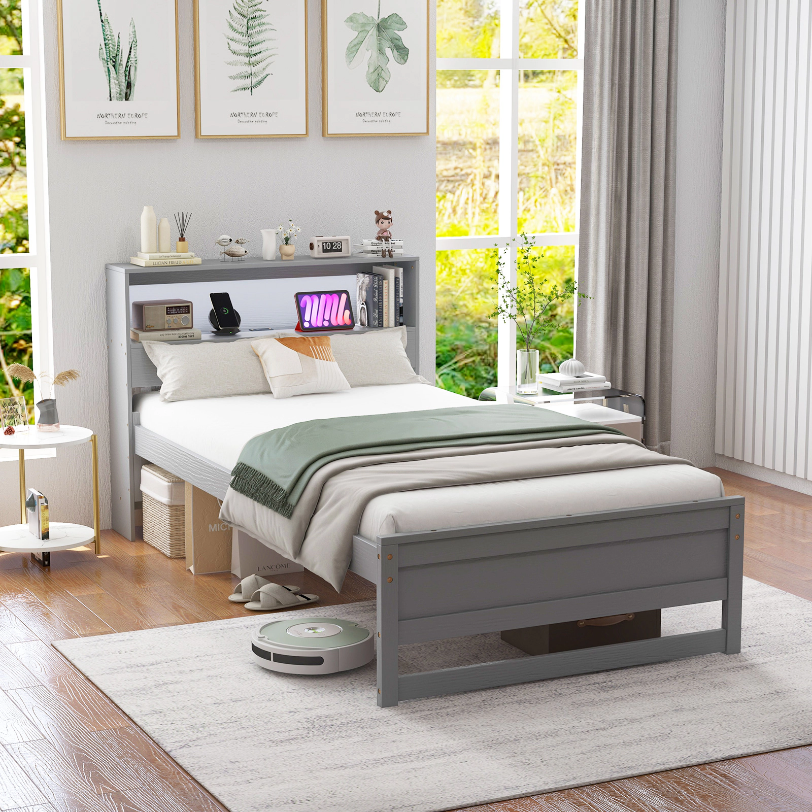 SUGIFT Gray Storage Headboard LED Light and Charging Station Twin Size Wooden Bed Frame