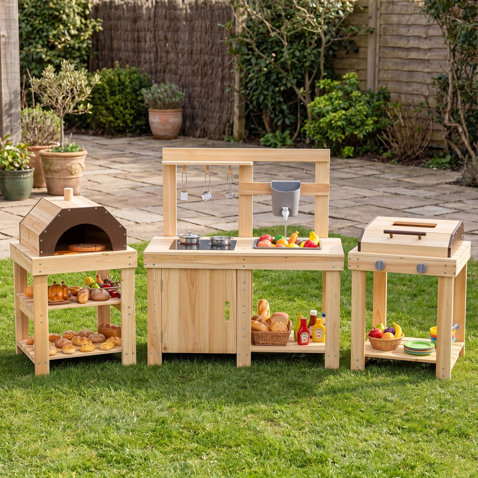 3-Piece Kids Outdoor Mud Kitchen Set with BBQ Grill Pizza Oven and Play Food 34-in x 16.5-in x 37-in Fir Wood