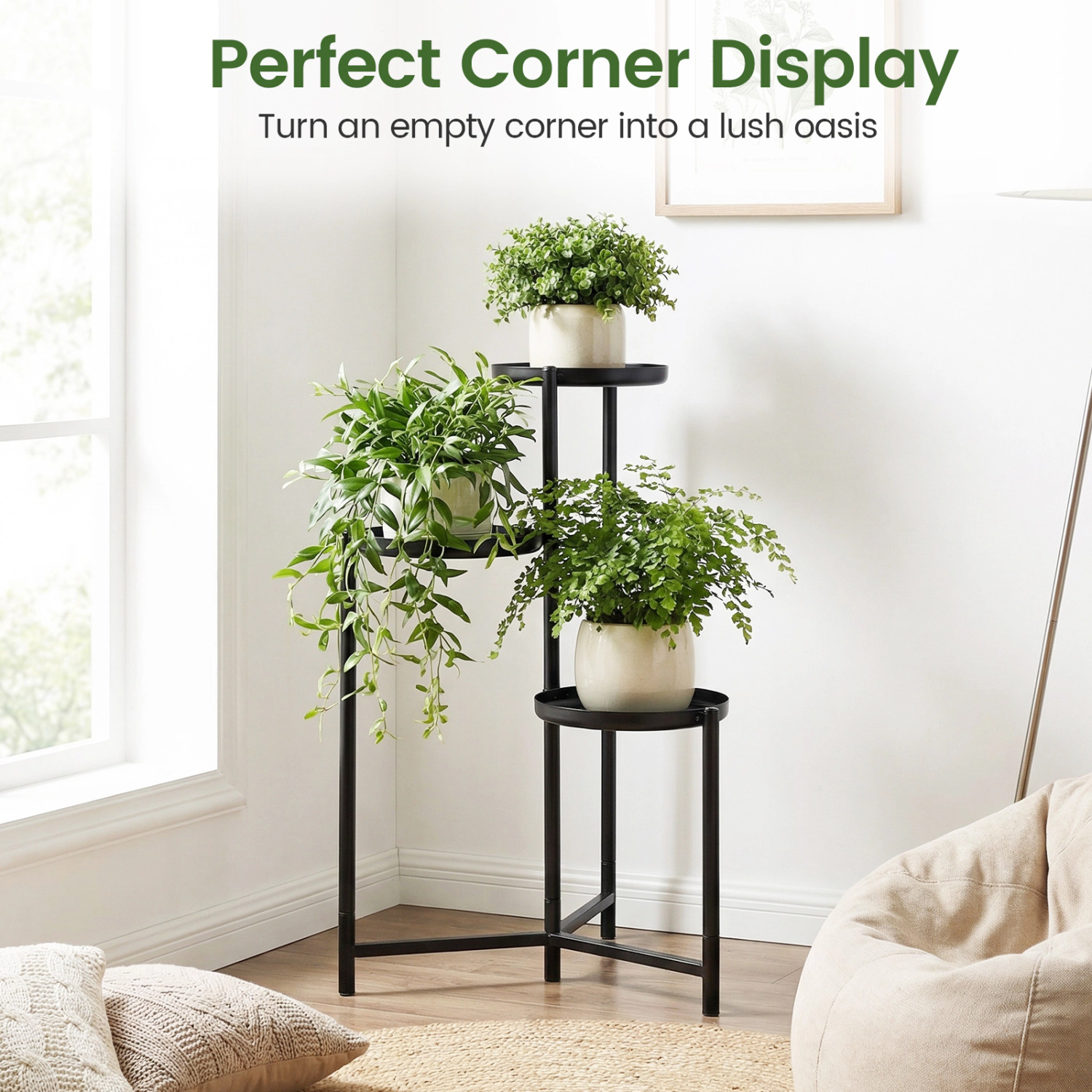 Slickblue 3-Tier Metal Corner Plant Shelf with Round Trays Black Plant Stand