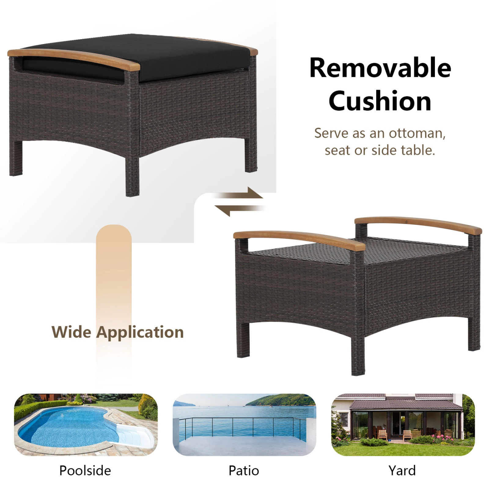 SUGIFT Set of 2 Wicker Patio Ottomans Black Fade Resistant Foot Rests with Cushions