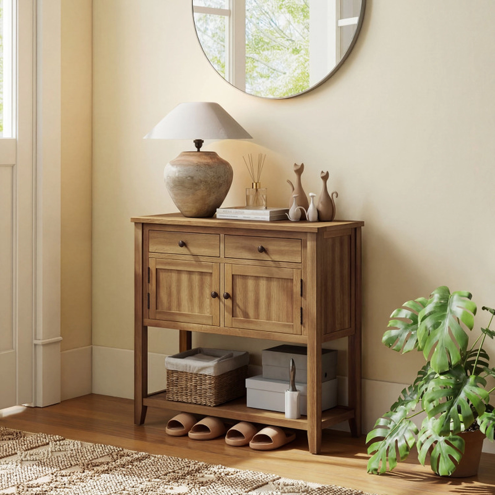 SUGIFT 36-in Walnut Mid-Century Coffee Bar Buffet Sideboard Console Table with 2 Drawers and 2 Cabinets
