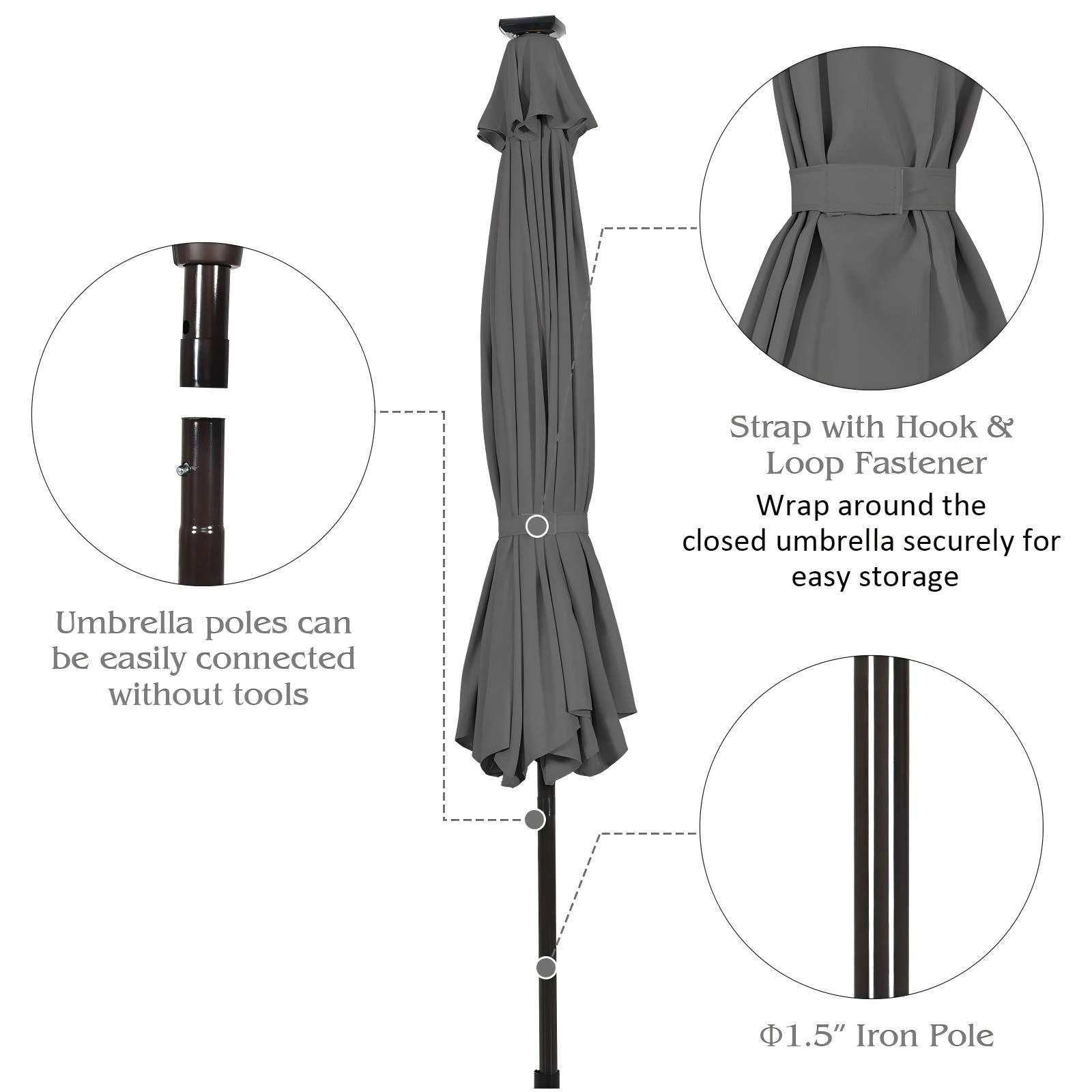 SUGIFT Solar LED Lighted Outdoor Patio Umbrella with Crank Lift 10-ft Canopy Gray