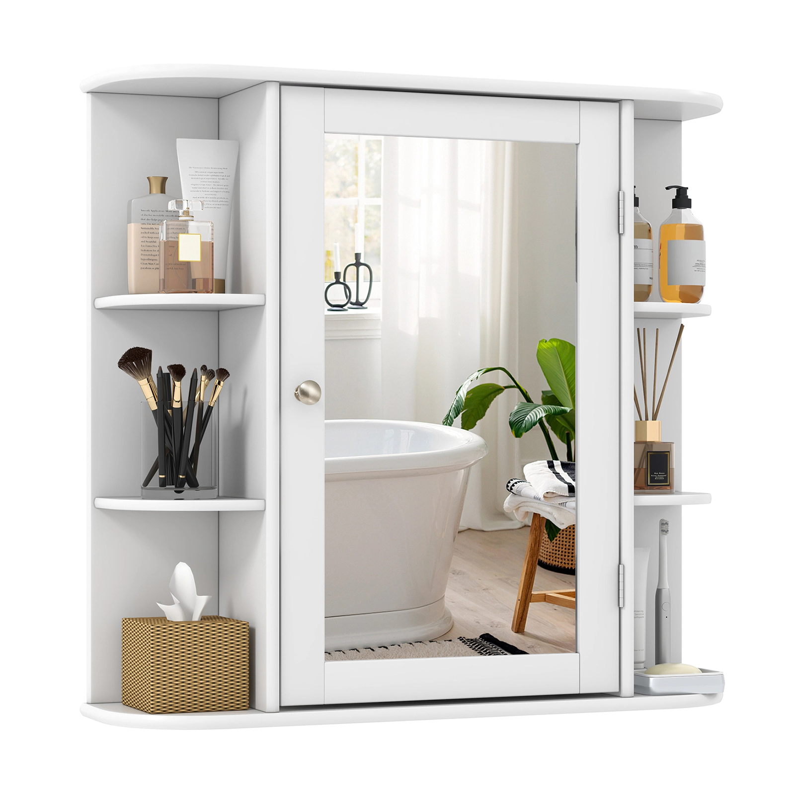 SUGIFT Mirrored Door 6 Side Open Shelves MDF Bathroom Medicine Cabinet 26-in x 6.5-in x 25-in 11-lb Shelf White