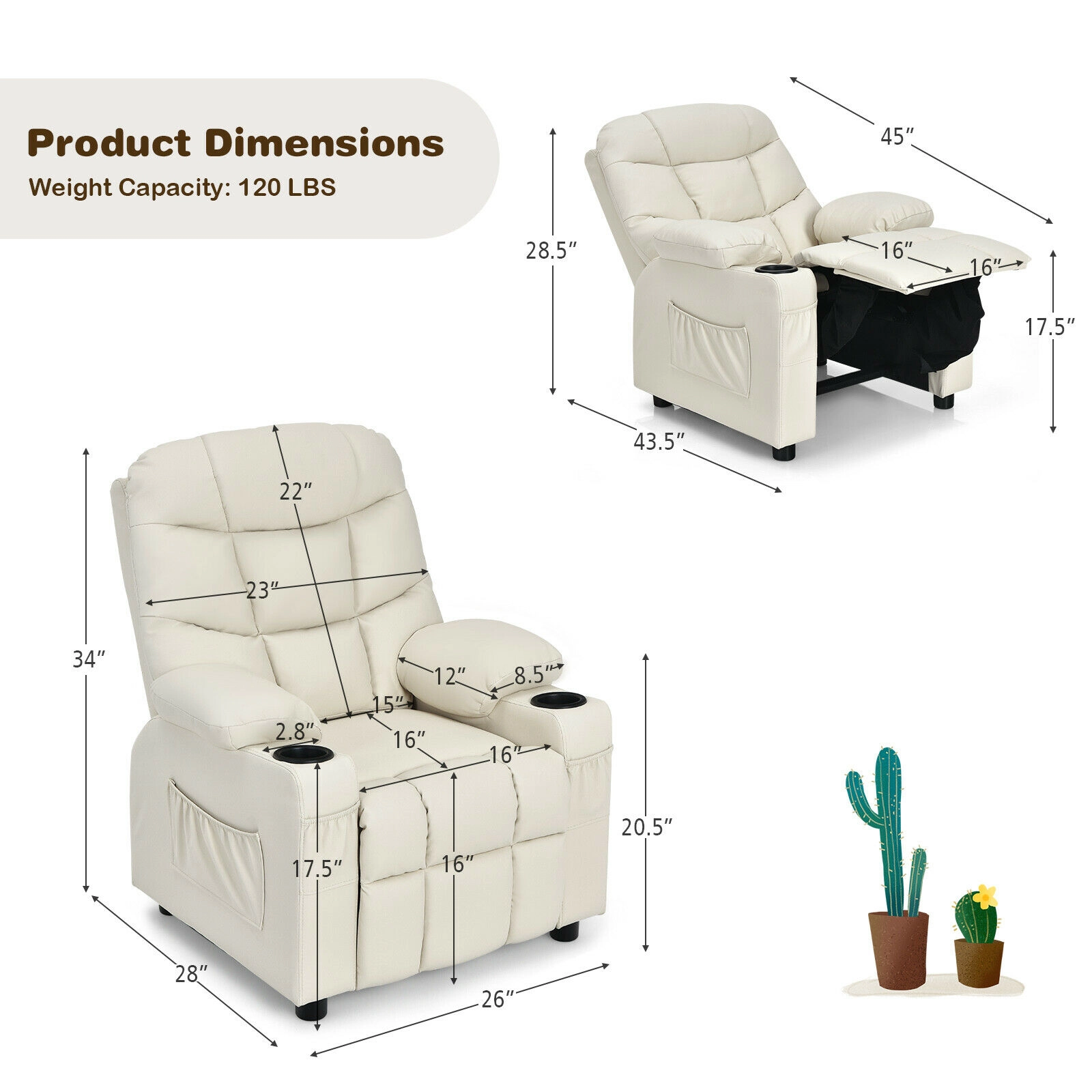 SUGIFT Kids PU Leather Cup Holders Side Pockets Footrest Recliner 26-in x 28-in x 34-in 120-lb Capacity Ages 3+ Beige