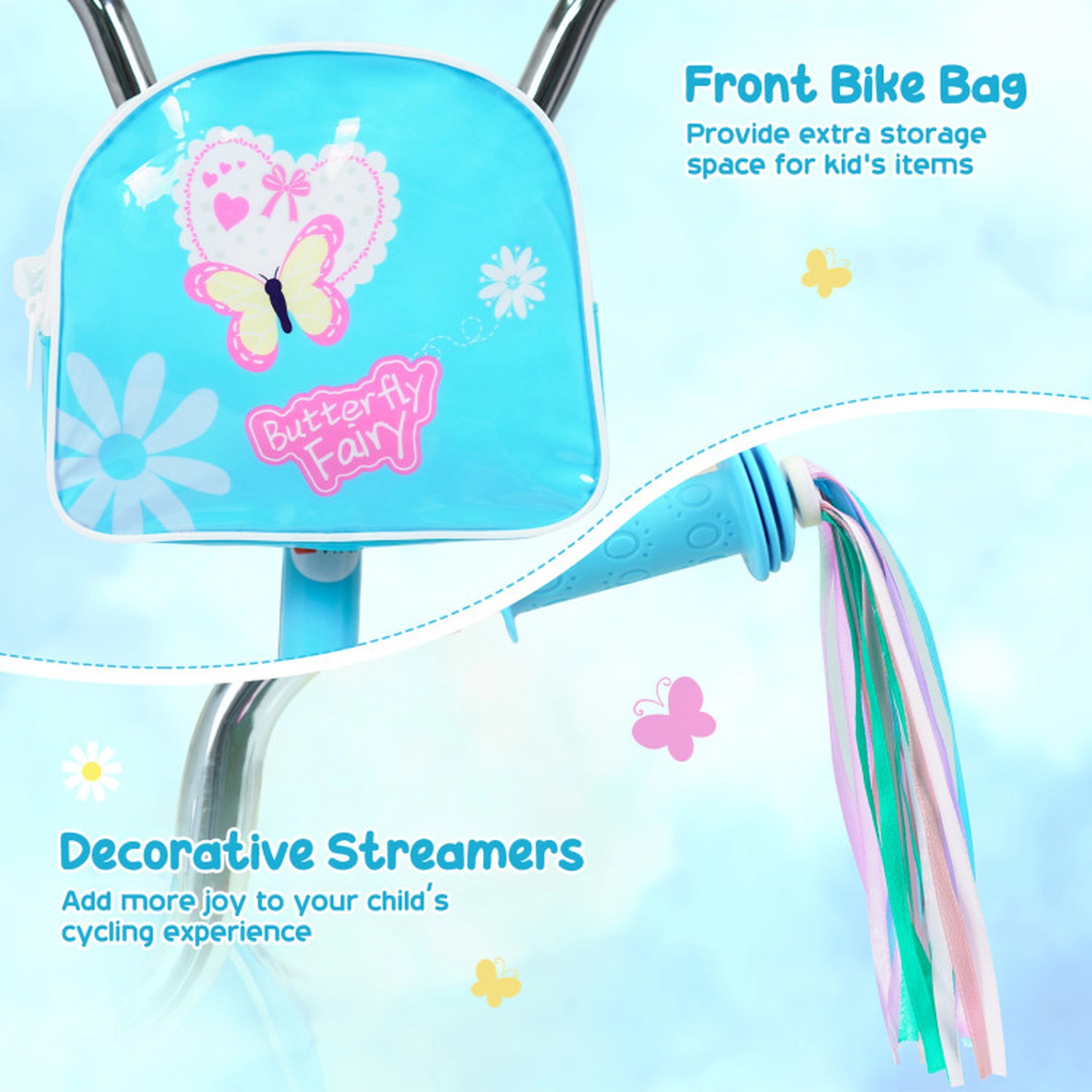 SUGIFT Adjustable Height 14-Inch Girls Bike with Front Bag and Streamers 110-lb Seat Capacity Ages 3-5 Blue