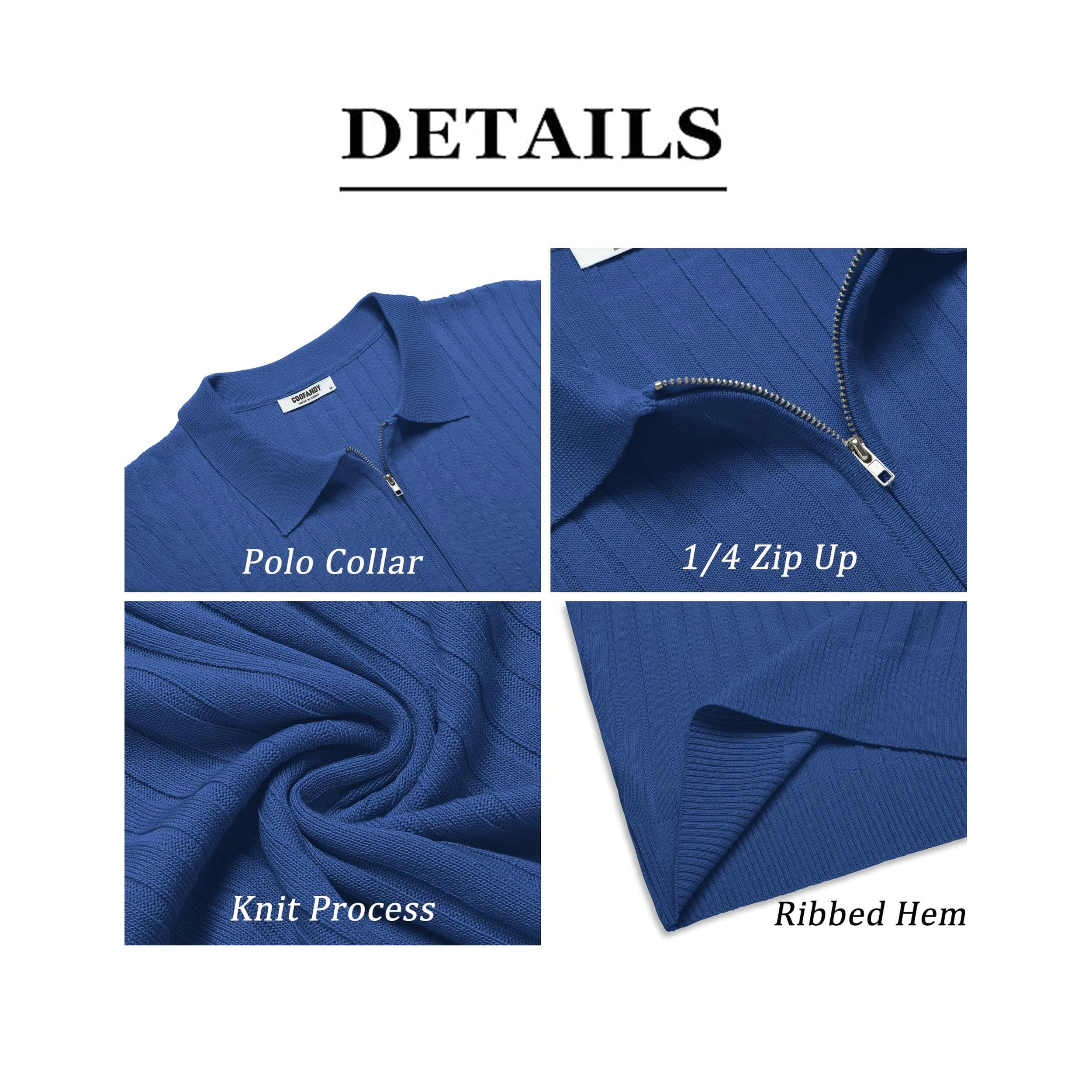 COOFANDY Men's Regular Fit Ribbed Knit Half Zip Short Sleeve Polo Shirt