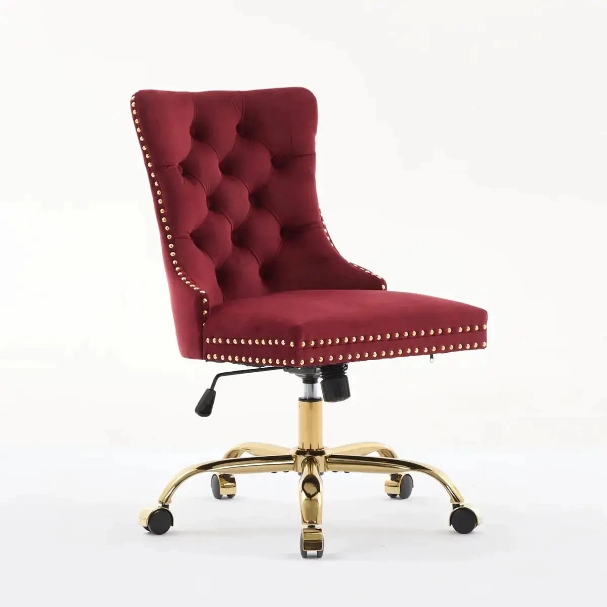 Platinum-Level Office Chairs Wine Red Velvet Tufted Adjustable Swivel Office Chair Gold