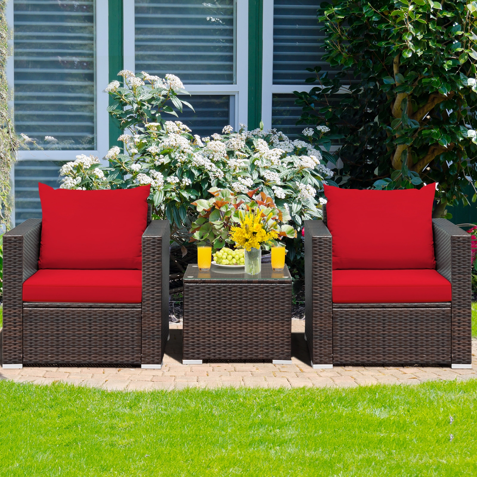SUGIFT 3-Piece Steel Rattan Patio Conversation Furniture Set Cushions 400-lb Sofa Capacity Brown Rattan Red Cushions