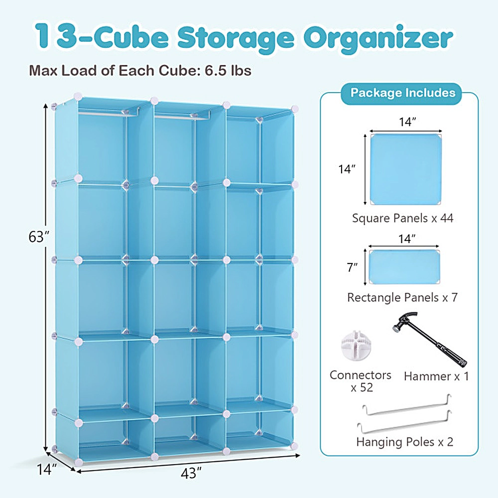 SUGIFT Modular 13-Cube Baby Wardrobe Storage Organizer with Hanging Rod and Shelves 6.5-lb Cube Capacity Stackable Blue