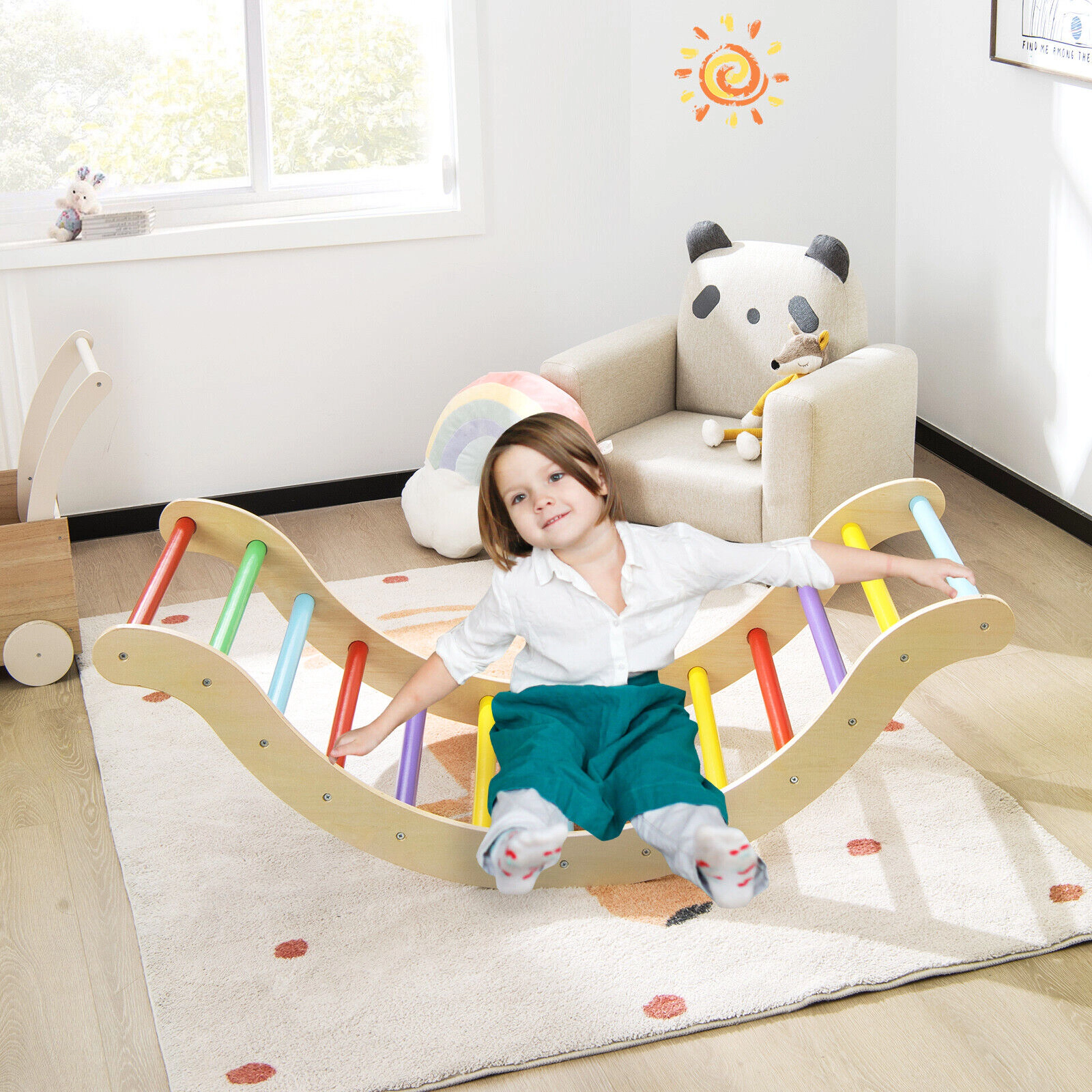 SUGIFT 3-in-1 Wooden Arch Triangle Climber Rocker with 132-lb Capacity Ramp and Mat Ages 1-8 Yellow/Natural