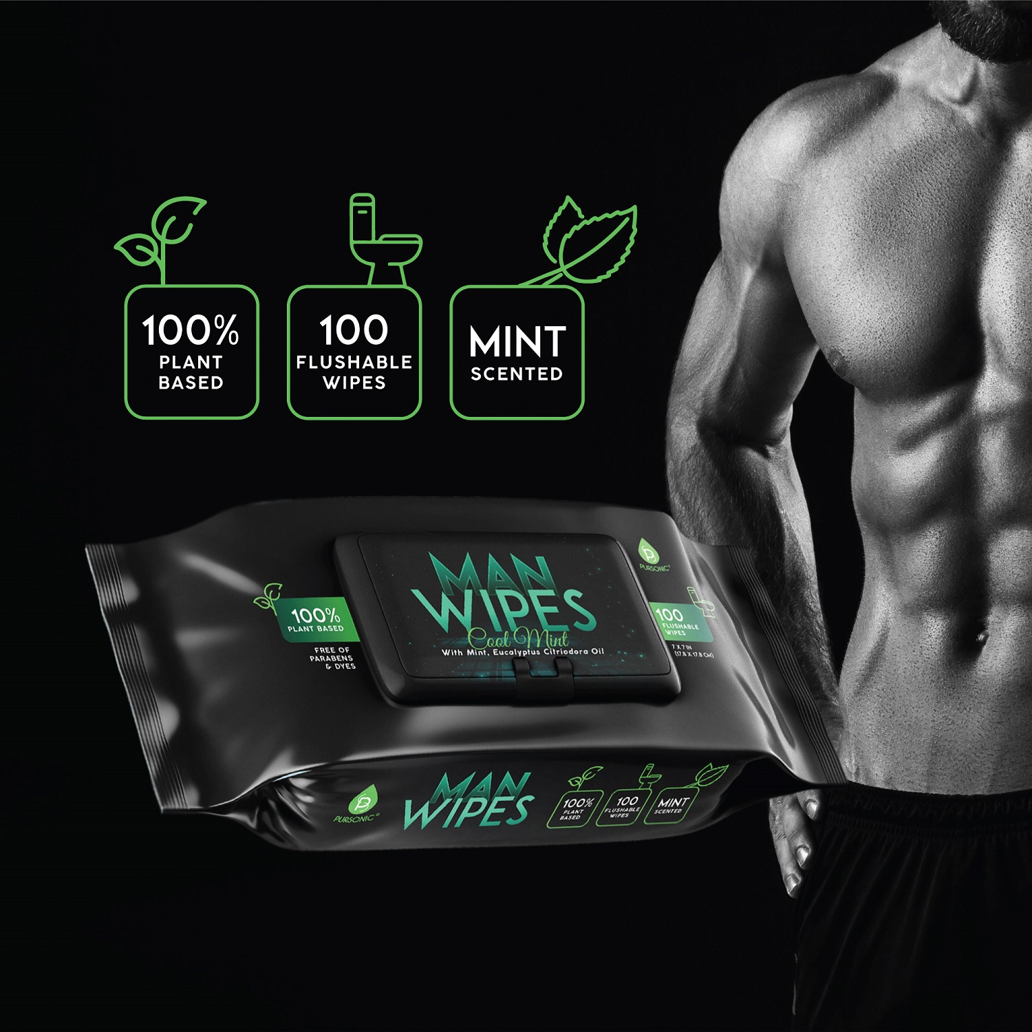 Pursonic Men's Flushable Man Wipes – 12 Pack Mint Scented Extra Large Body Cleaning Wipes (1200 Count)