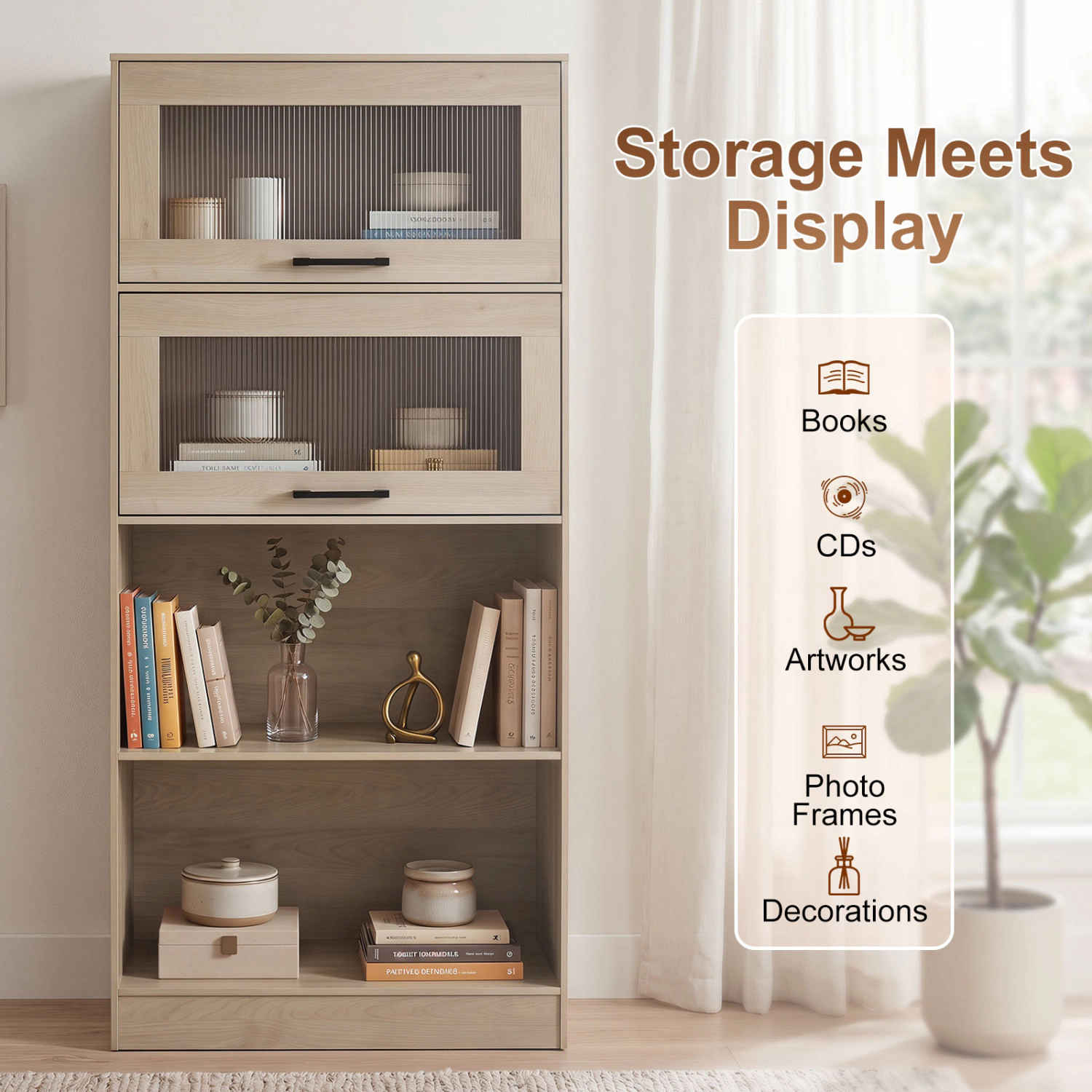 Hivvago 4-Tier Bookshelf with Storage Cabinets and Open Compartments