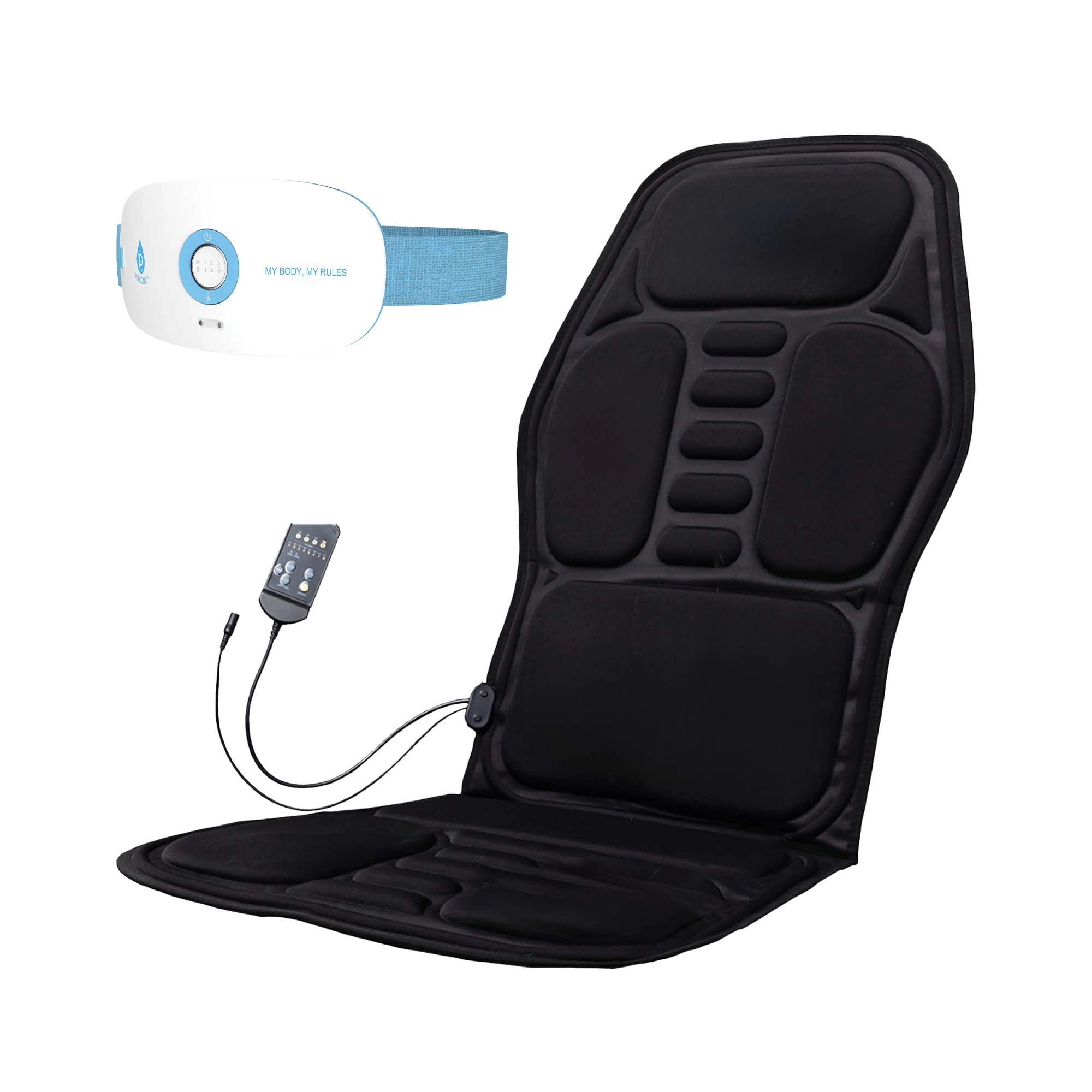 Pursonic Unisex Heated Massage Therapy Bundle: Shiatsu Chair Cushion Massager & Rechargeable Stomach/Back Massager