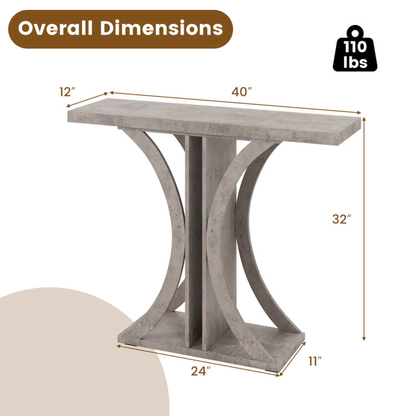 SUGIFT 39.5-in 11.5-in Narrow 110-lb Capacity Gray Console Table with Geometric Frame and Anti-Tip Kits