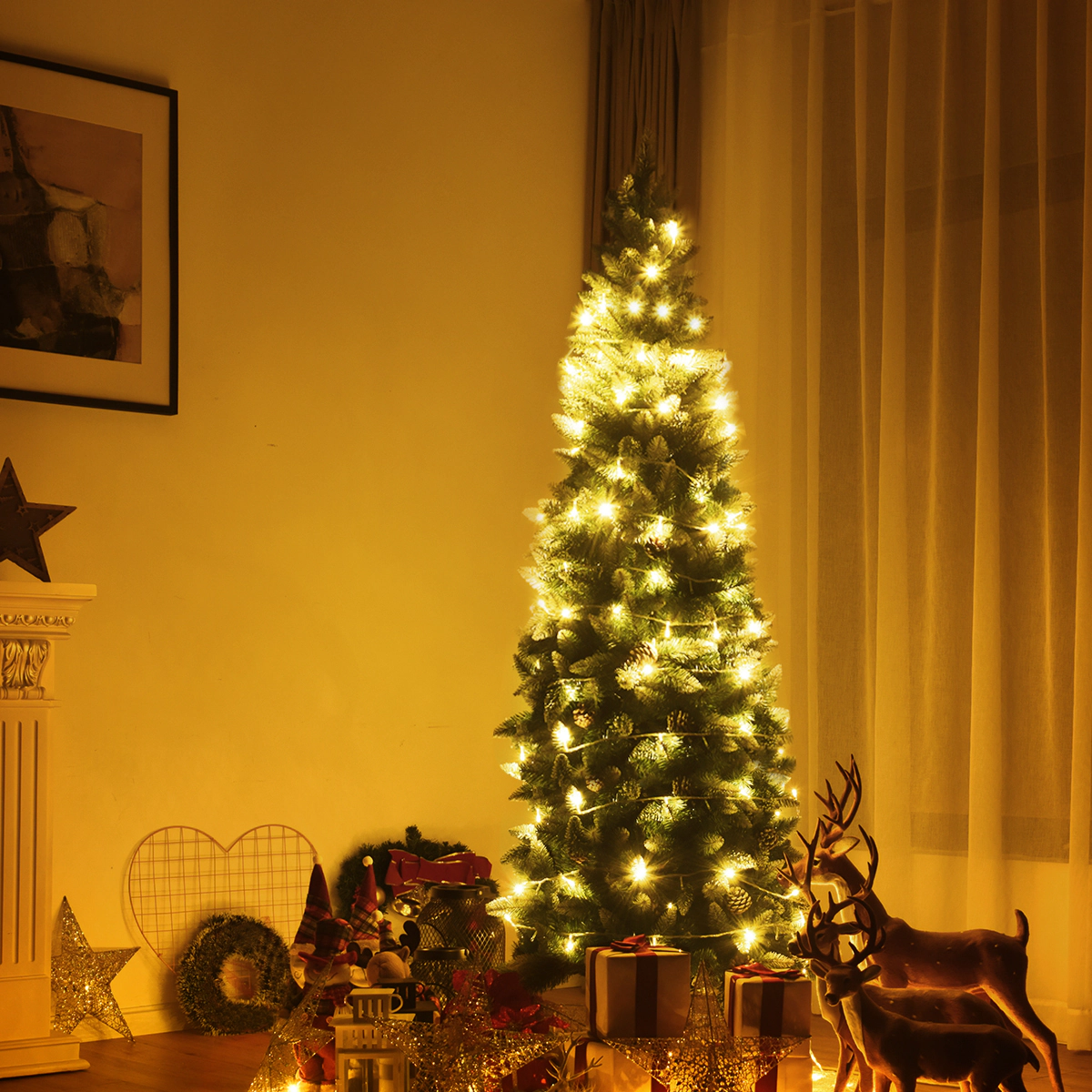 Costway 6ft Snow Flocked Unlit Pencil Christmas Tree Hinged Pine Cones
