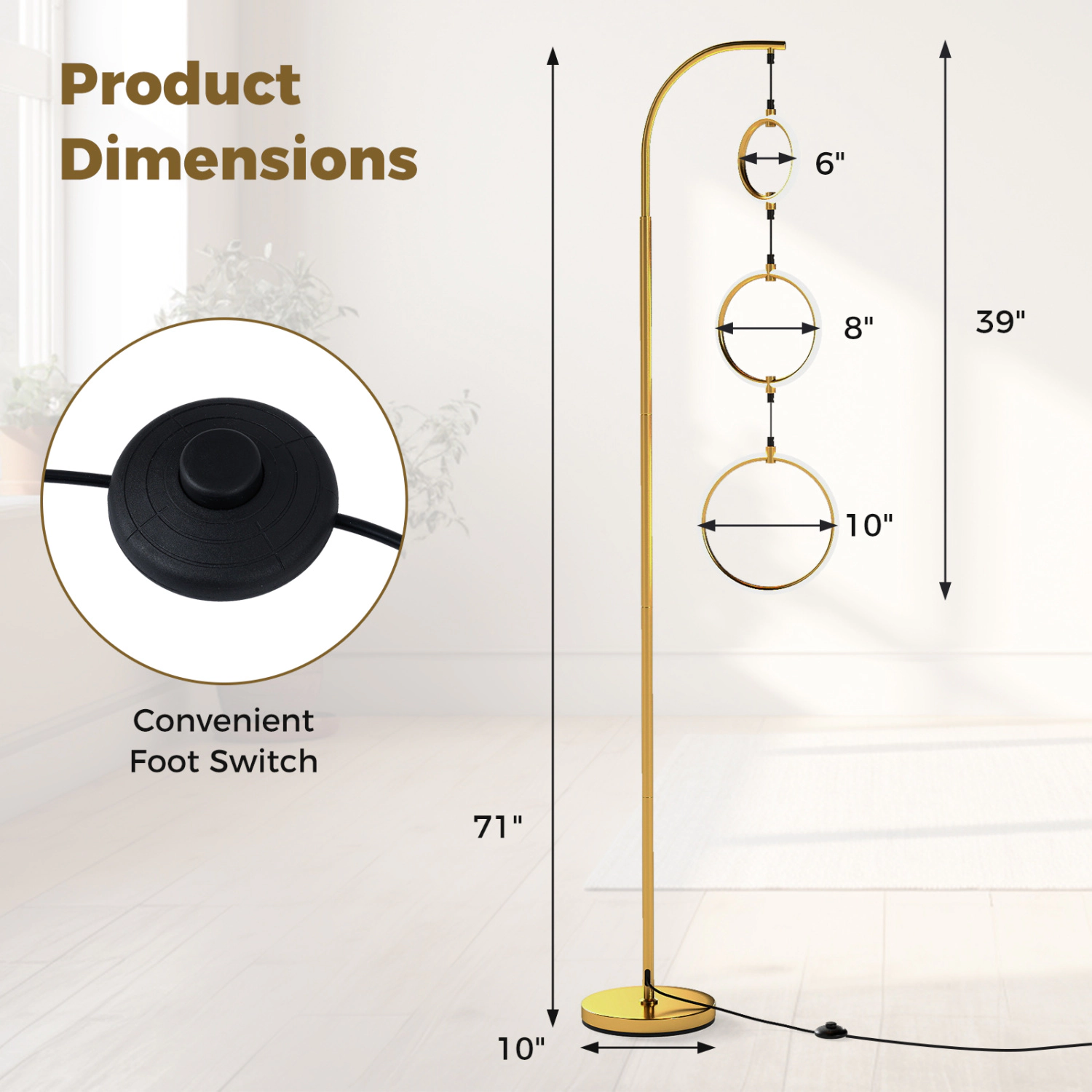 Slickblue Modern 3 Ring LED Floor Lamp 71in Gold Standing Light with Memory Function
