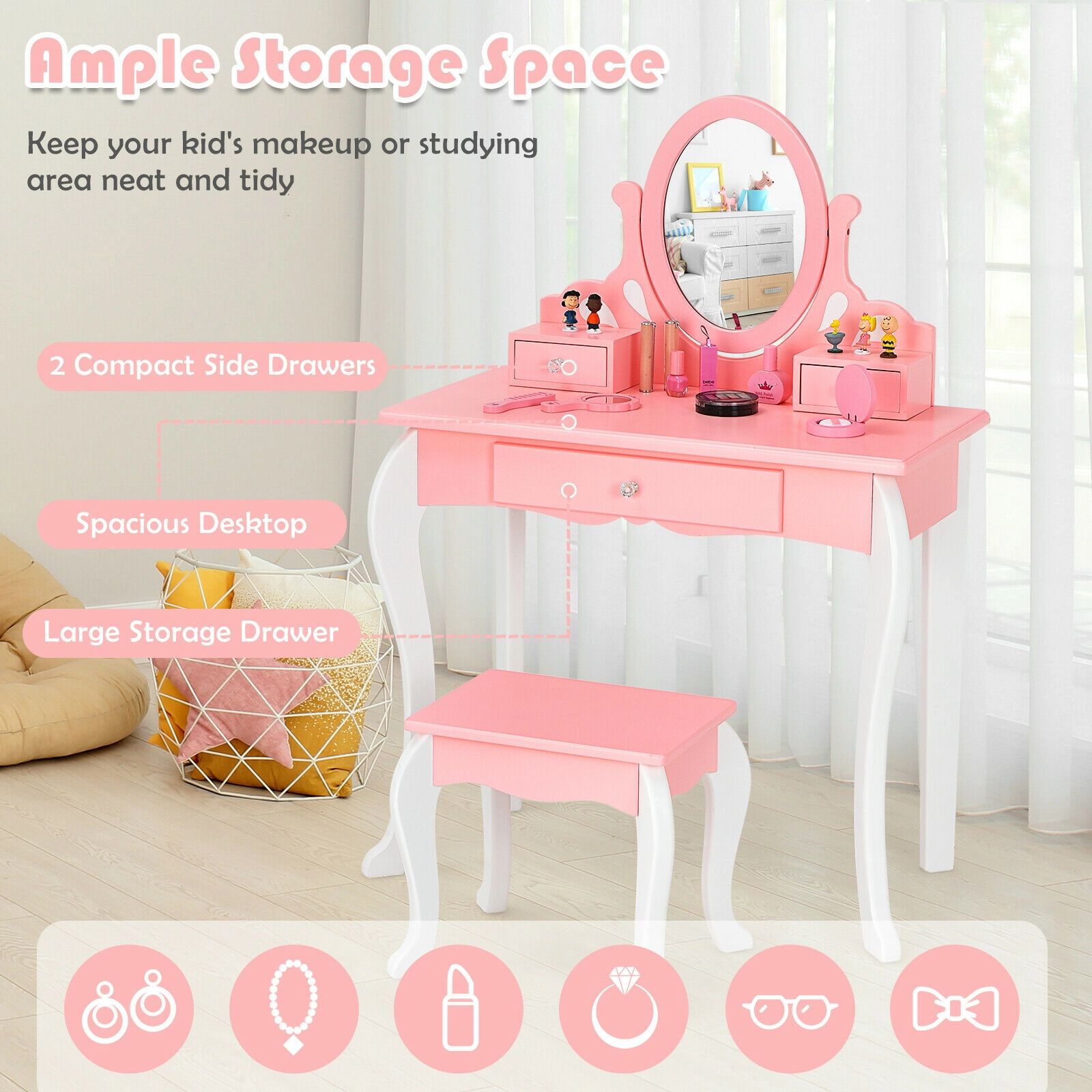 SUGIFT Kids 360-Degree Rotating Detachable Mirror Vanity Table and Stool Set 27.5-in x 13-in x 39-in 44-lb Pink