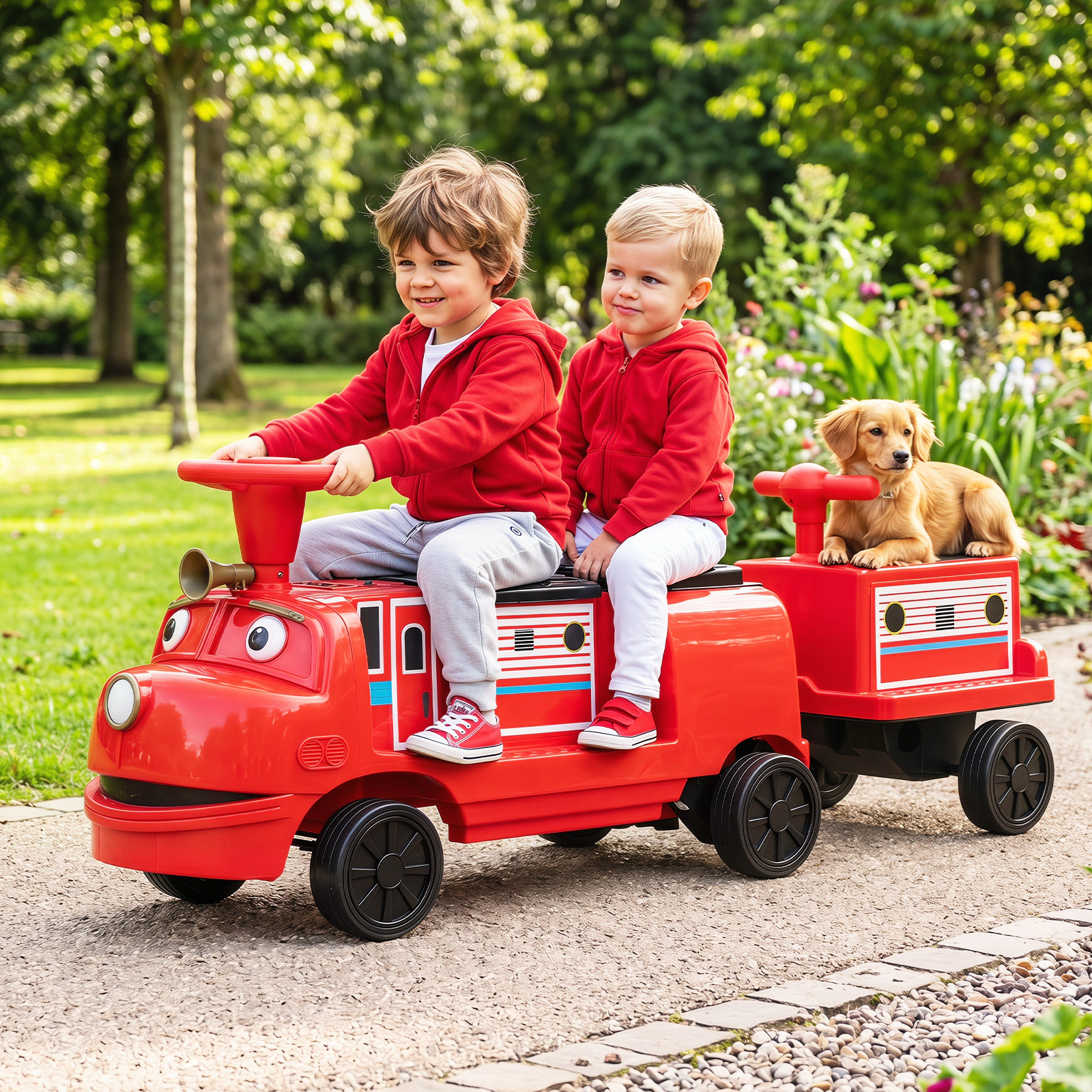 Costway 12V Battery Powered Ride on Train, Trackless Kids Toy with Storage Space