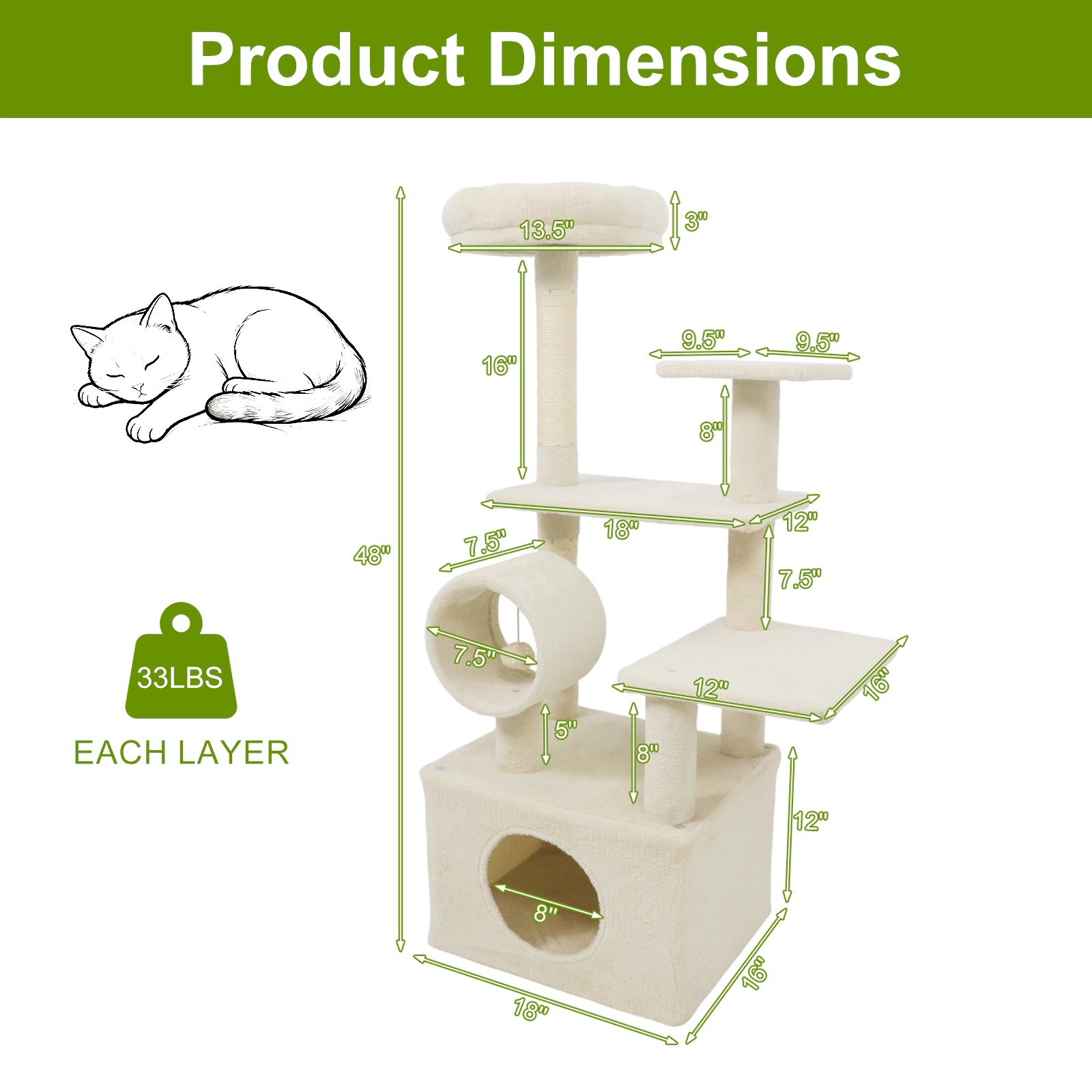 SUGIFT 48-in Beige Cat Tree for Indoor Cats with Thick Padded Top Perch Large Condo and Jute Posts