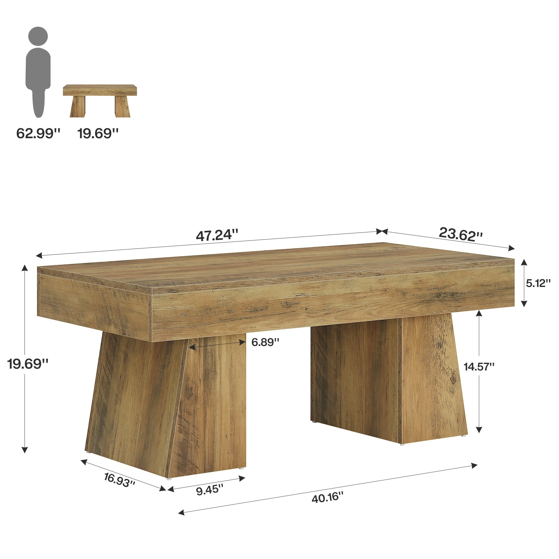 Tribesigns 47" Coffee Table Farmhouse Light Brown Wood Rectangular Living Room Table