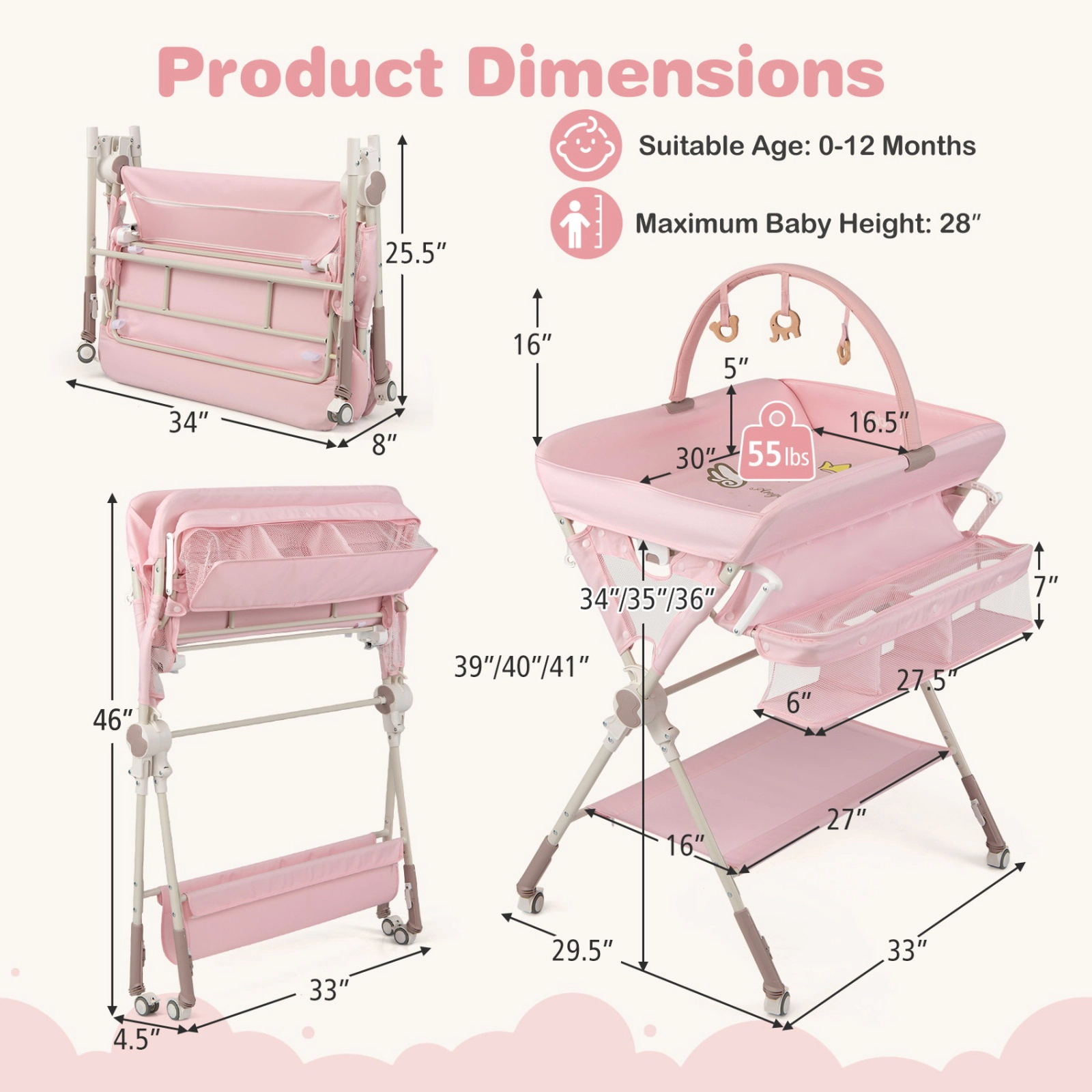 SUGIFT Foldable Portable Baby Changing Table with Storage and Toy Bar