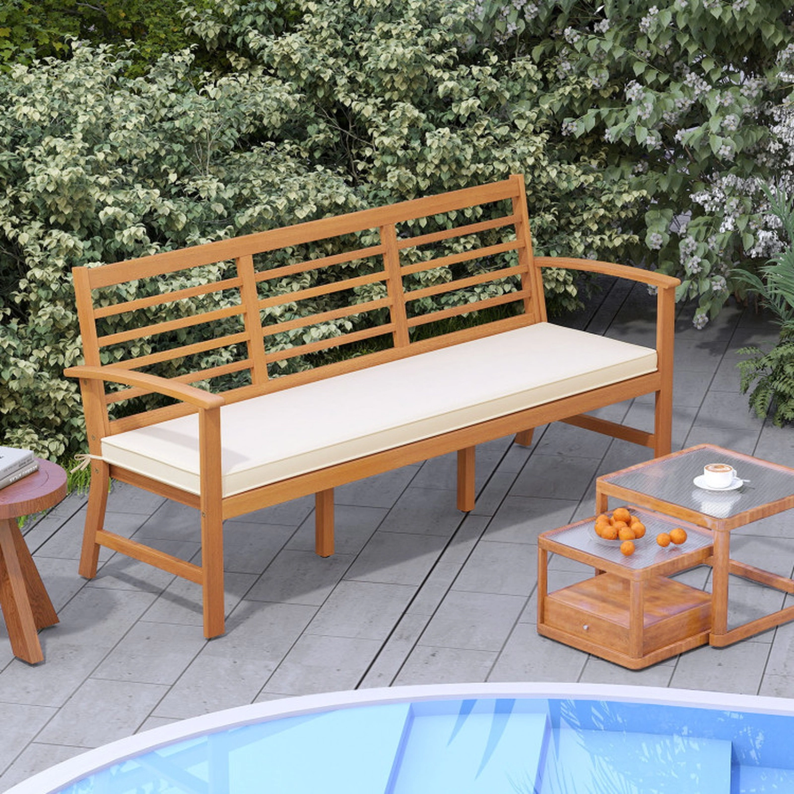 SUGIFT Patio Wood Bench with Slatted Seat and Cushion 1200-lb Capacity Off White Cushion Natural Frame