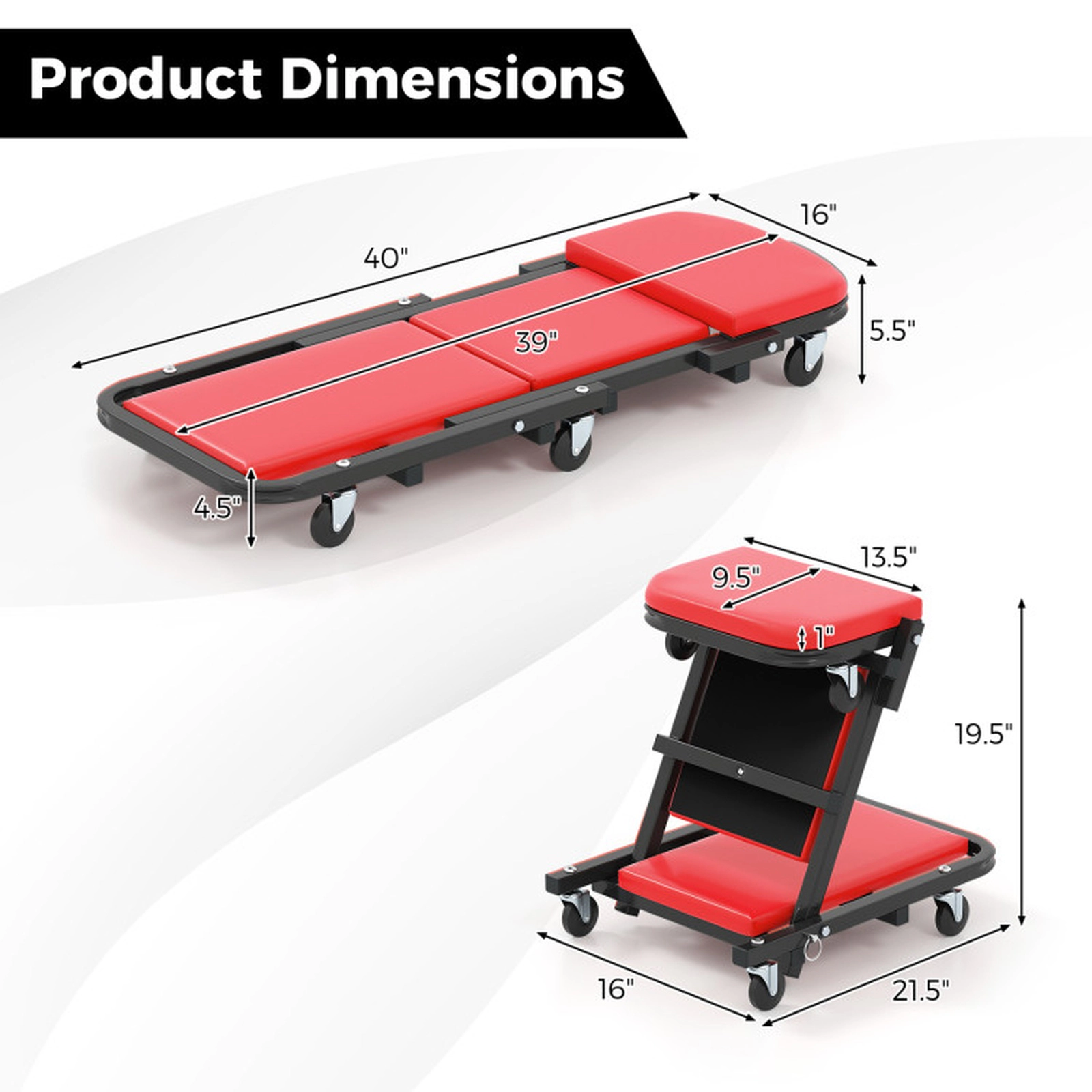SUGIFT 40-in 2-in-1 Folding Automotive Creeper and Z-Shaped Stool with Padded Seat and 6 Wheels