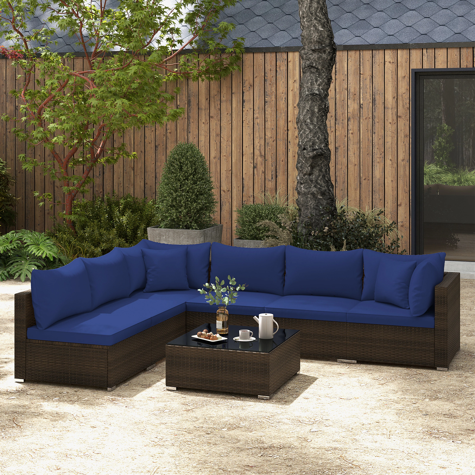 LJG 7 Pieces Patio Rattan Furniture Set with Sectional Sofa Cushions