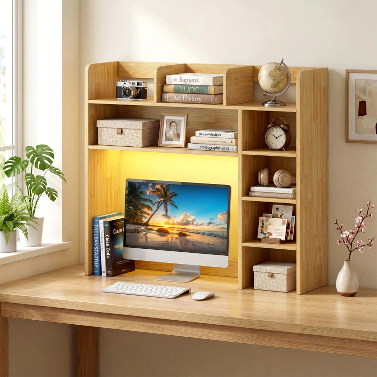 SUGIFT RGB LED Desktop Bookshelf Desk Hutch Storage Organizer with Adjustable Shelves 100-lb Top Shelf Capacity Beige