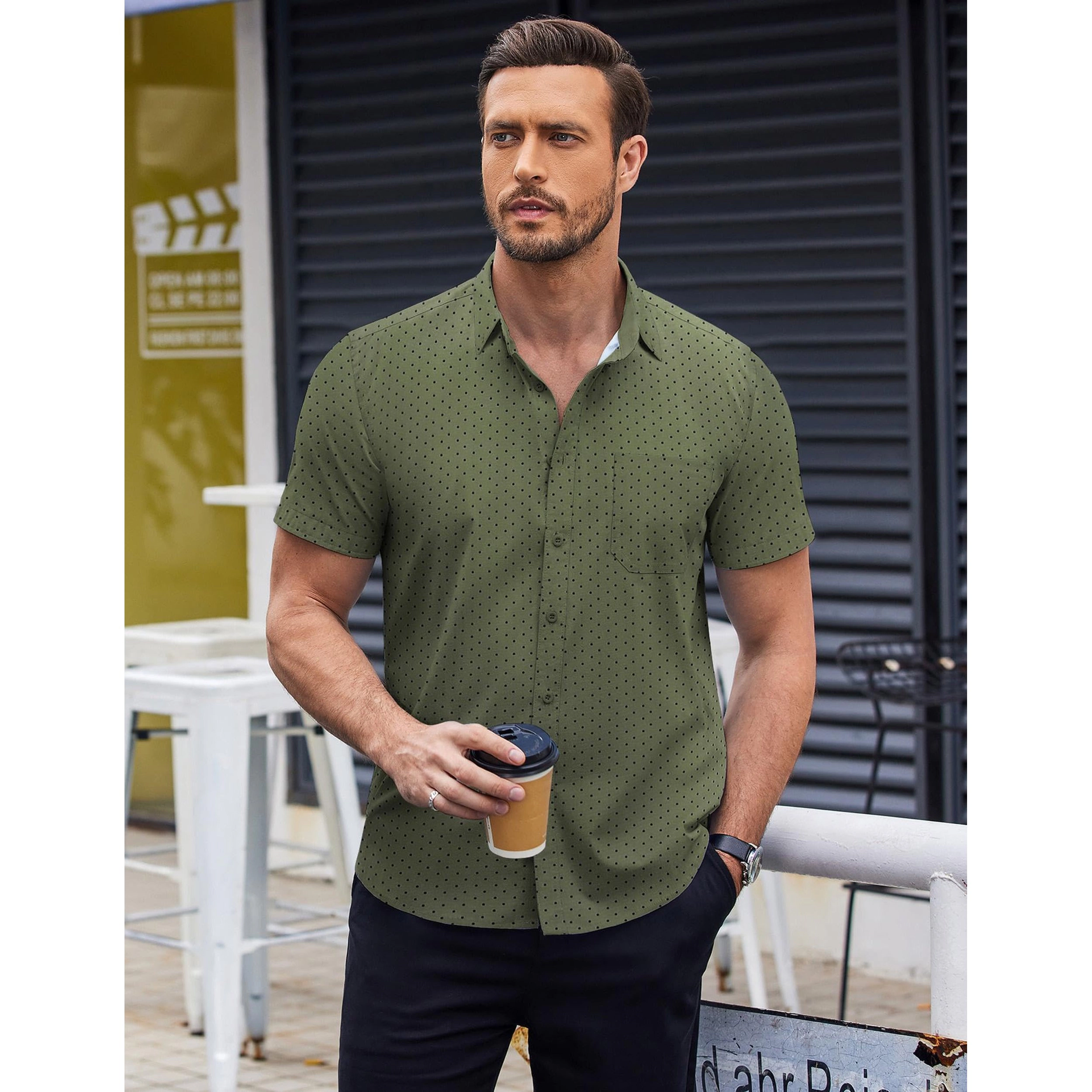 COOFANDY Mens Short Sleeve Button Down Shirts Polka Dot Lapel Collar  Tops